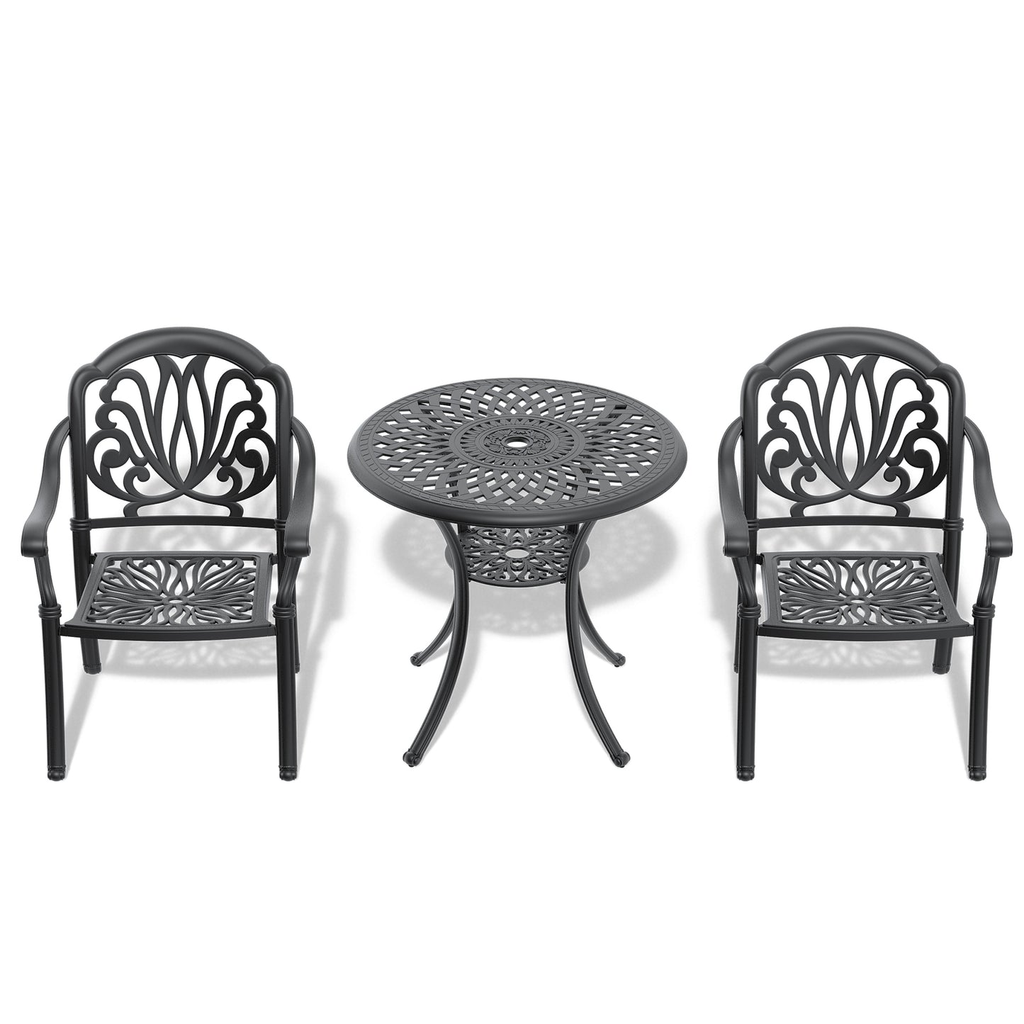 Black cast aluminum patio bistro set with ornate detailing perfect for outdoor seating