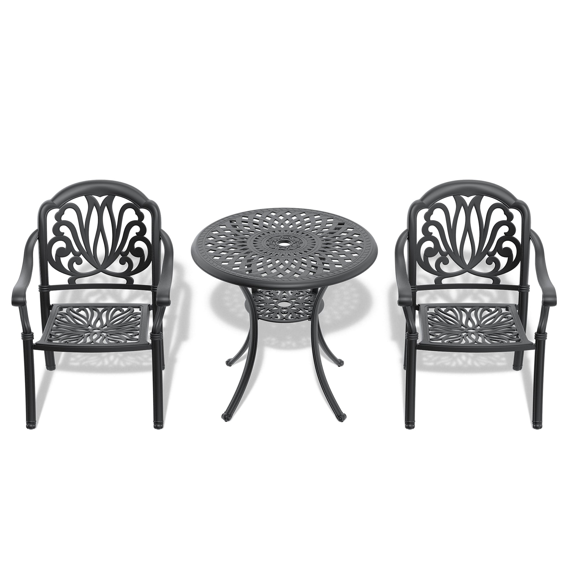 Black cast aluminum patio bistro set with ornate detailing perfect for outdoor seating