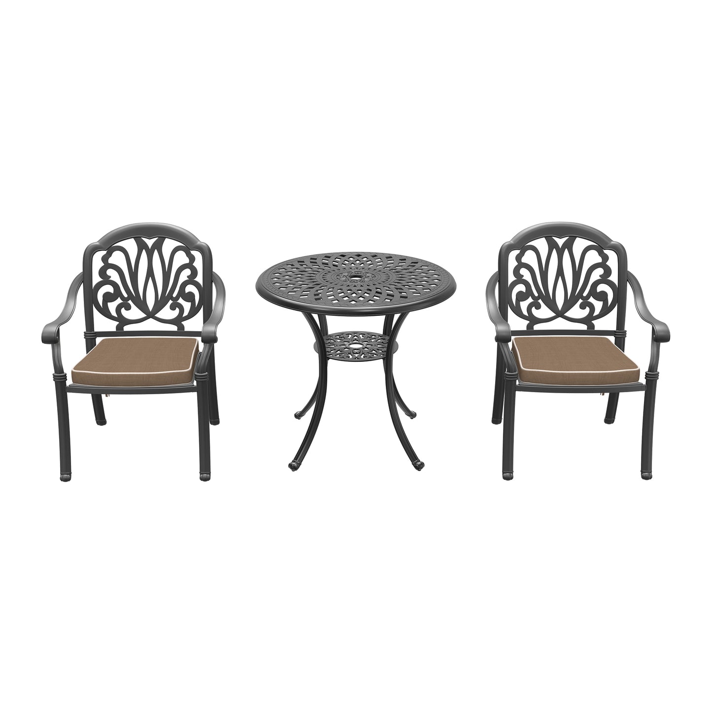 Ornate cast iron bistro set with two chairs and a round table perfect for outdoor dining