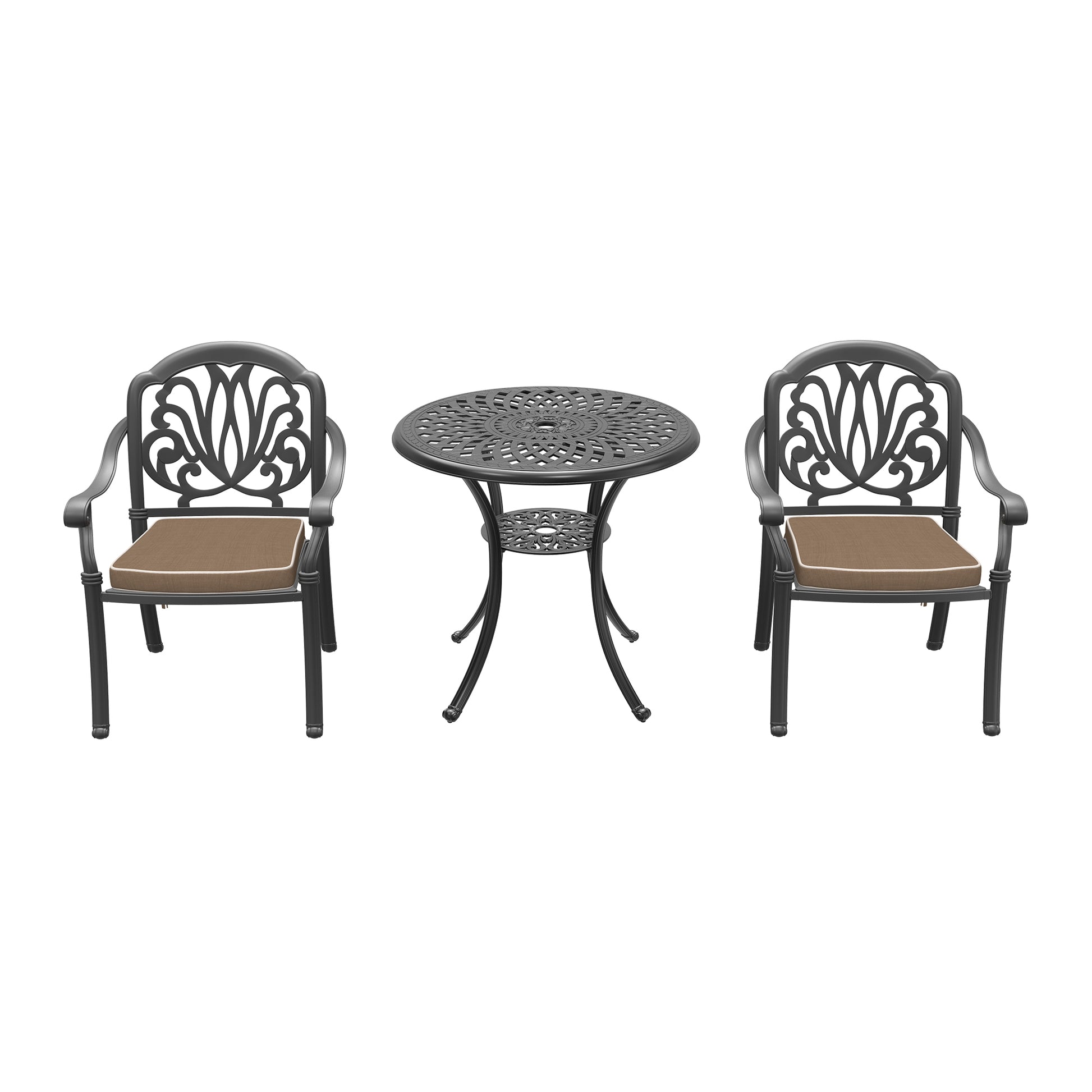 Ornate cast iron bistro set with two chairs and a round table perfect for outdoor dining