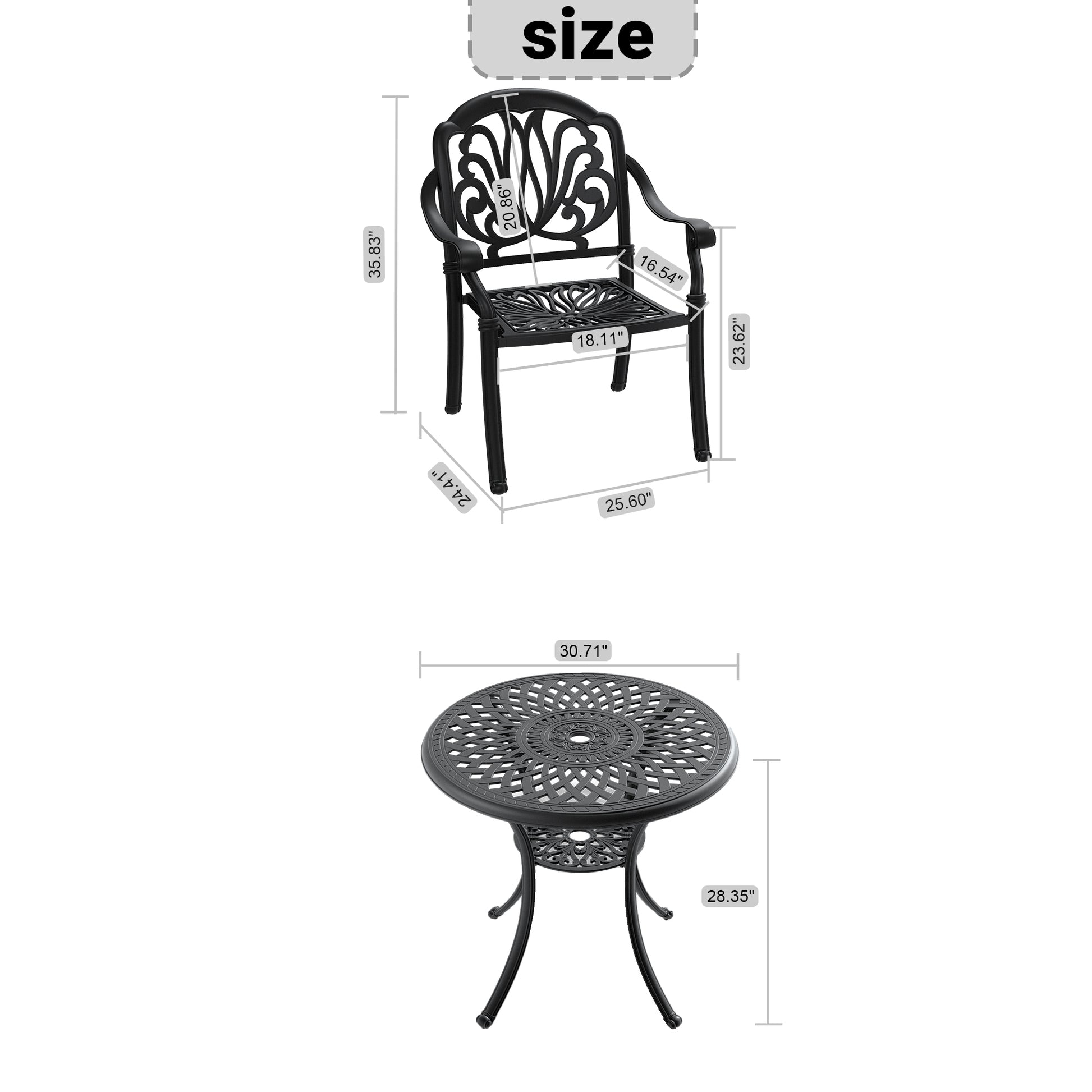 Black cast aluminum patio chair with ornate backrest design and scrolled arms