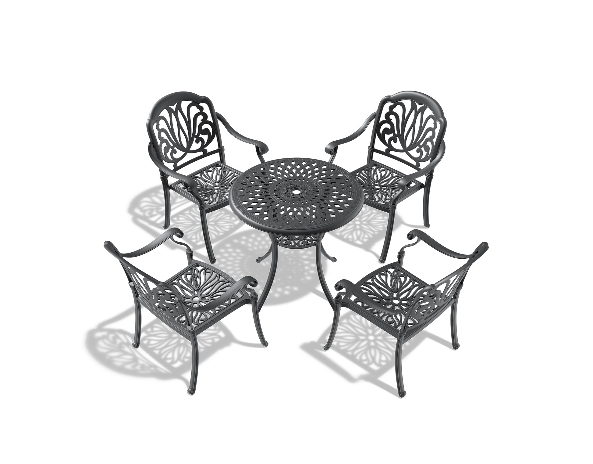 Black cast iron bistro set with ornate floral design perfect for patio dining