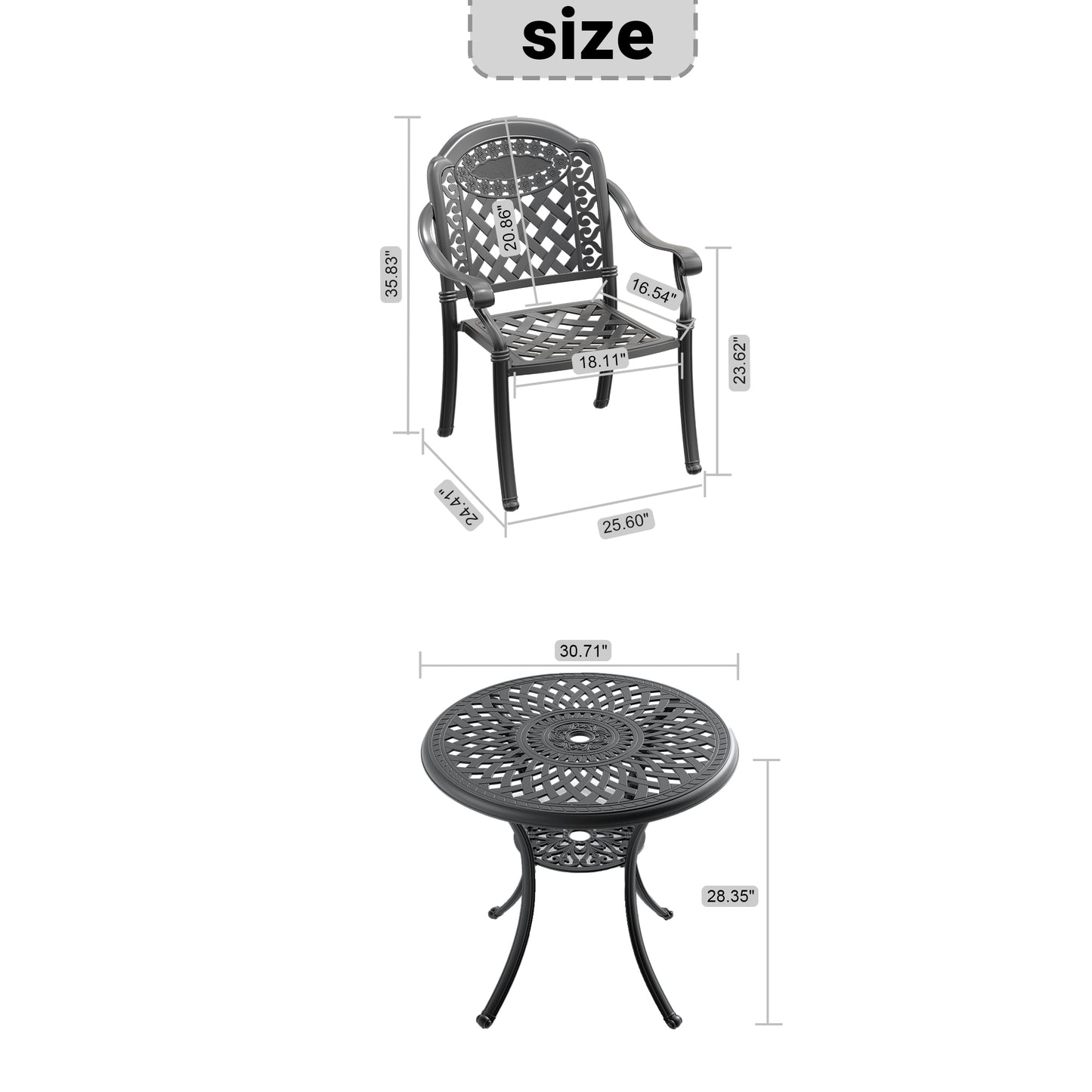 Black ornate cast aluminum patio chair with intricate lattice design