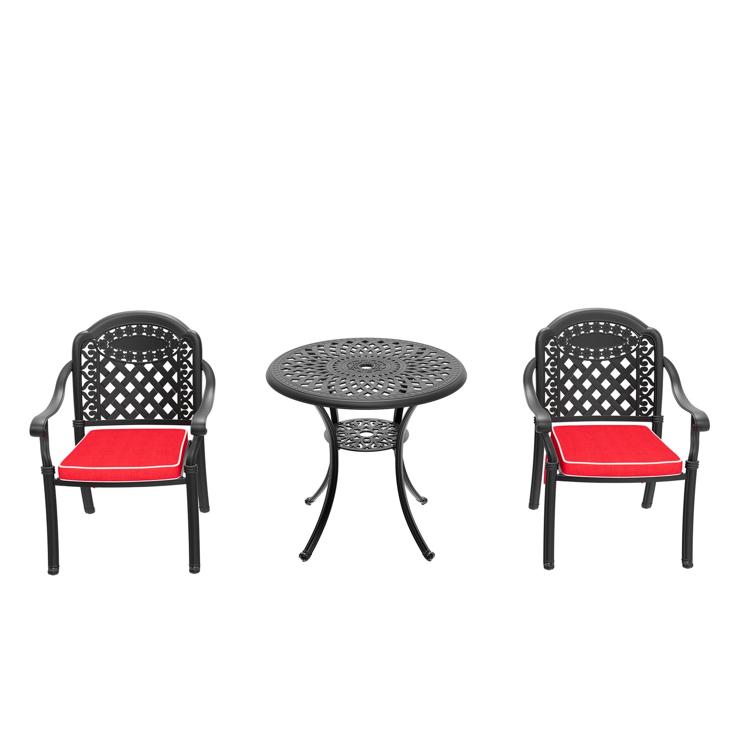 Black cast iron bistro set with ornate detailing and red cushions