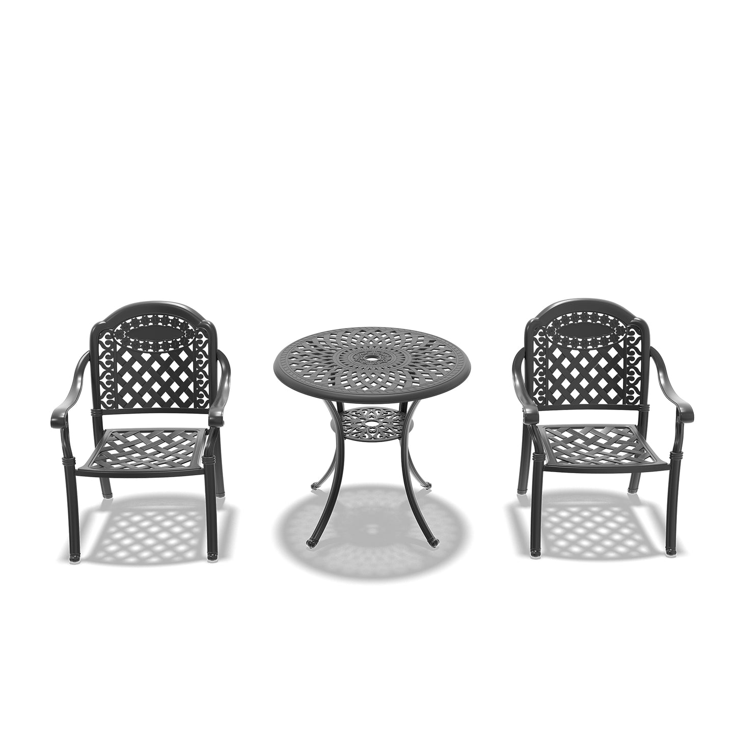 Black cast aluminum patio bistro set with ornate openwork design