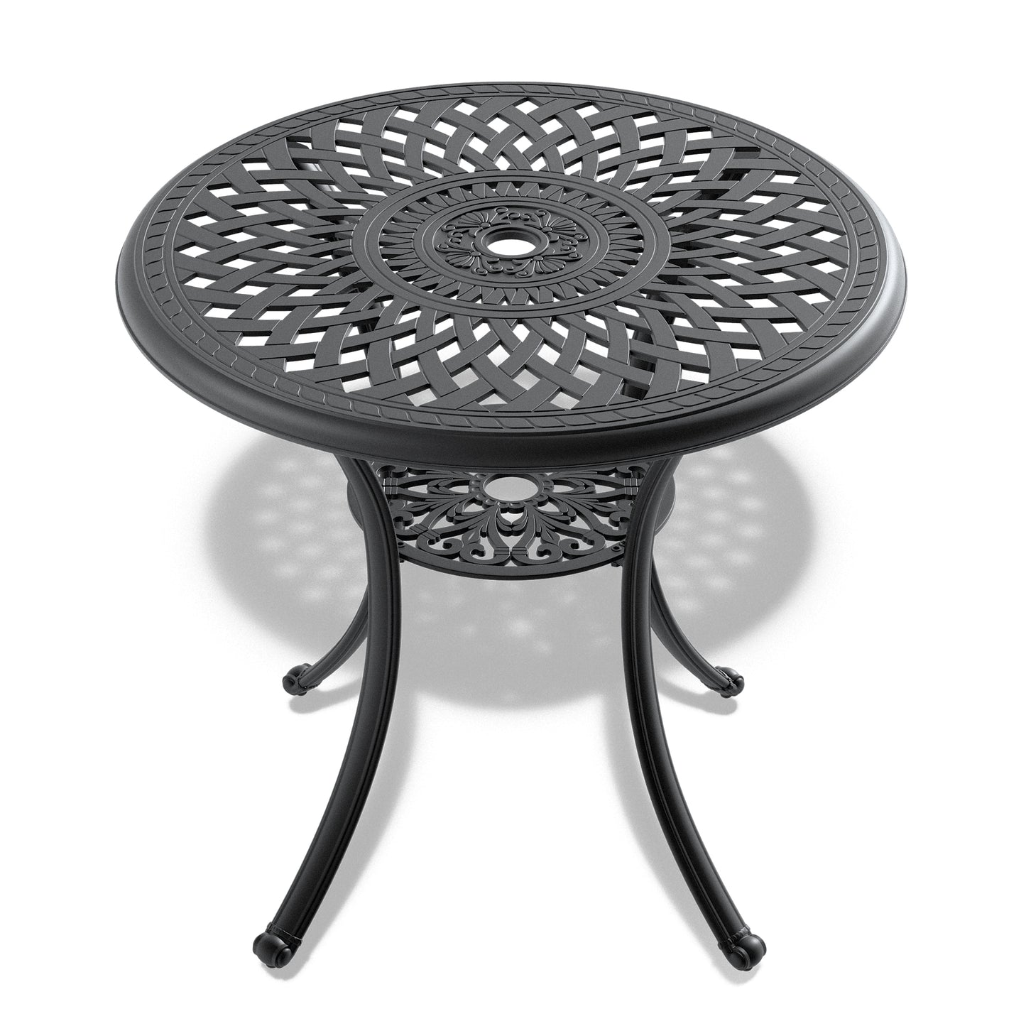 Ornate black cast aluminum patio table with intricate lattice design and central floral detail