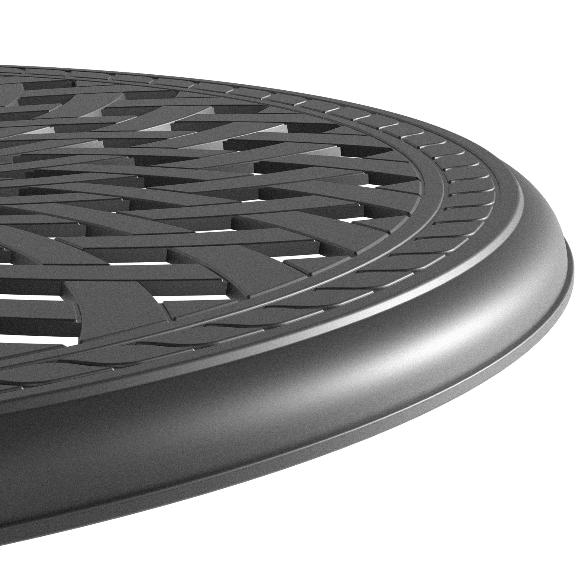 Dark gray woven metal table top with ornate border detail for outdoor patio settings