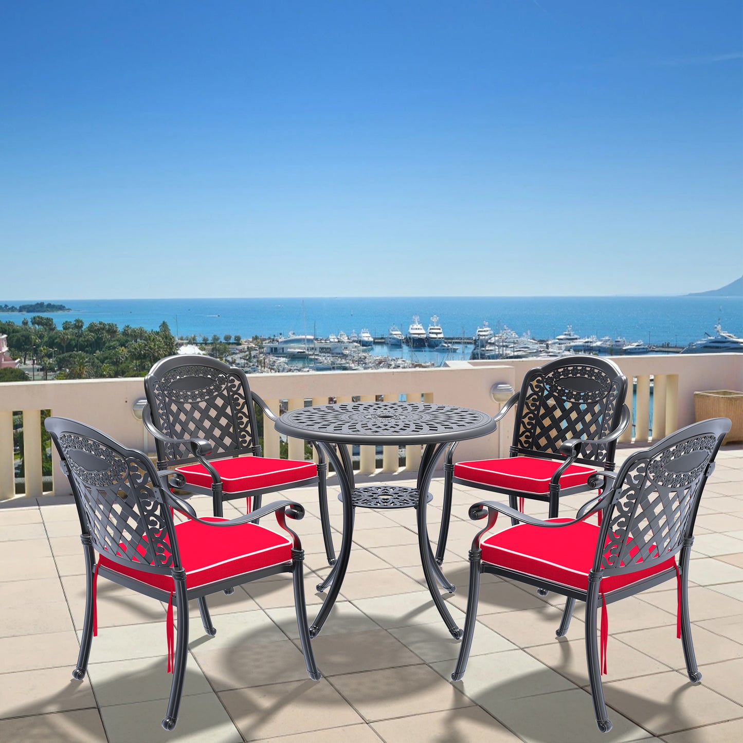 Ornate black cast aluminum patio dining set with red cushions