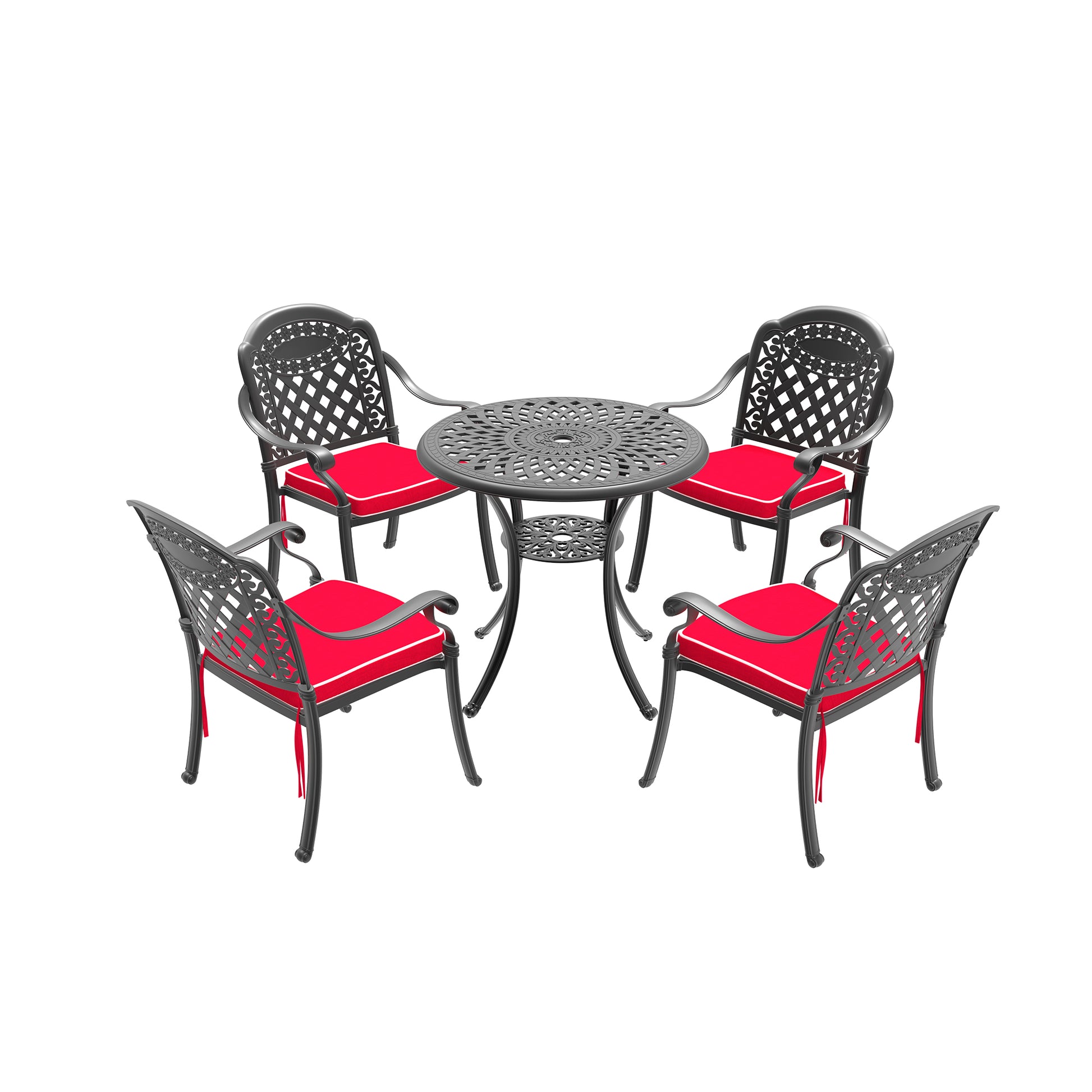 Ornate cast iron bistro set with four chairs and red cushions for outdoor dining