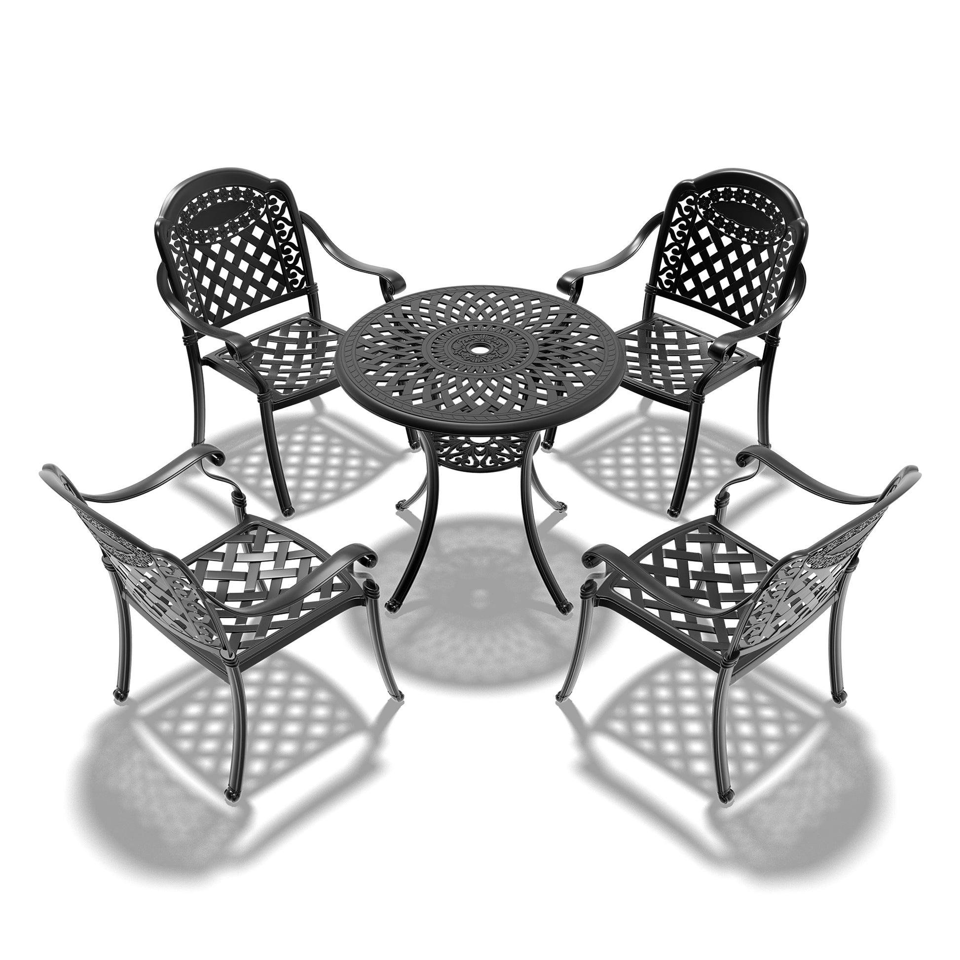 Black ornate cast aluminum patio dining set with circular table and four chairs