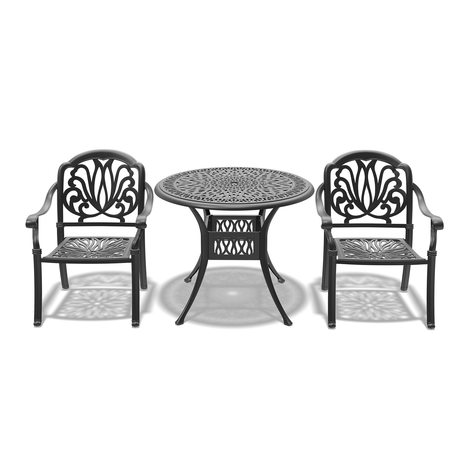 Black ornate metal bistro set with round table and two chairs