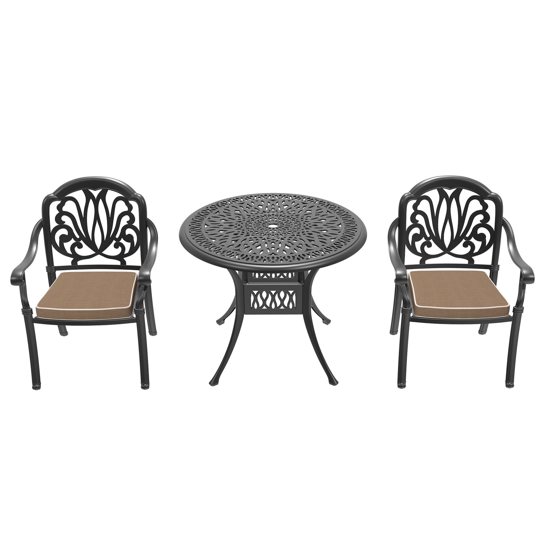 Ornate black cast iron bistro set with decorative seat cushions