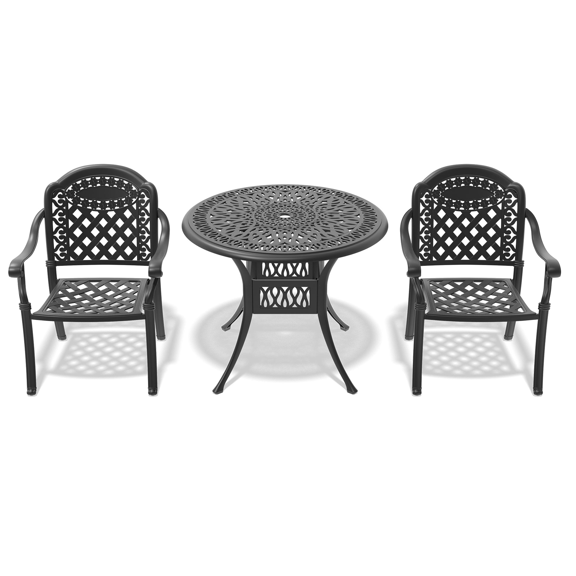 Black cast aluminum patio bistro set with ornate lattice back chairs