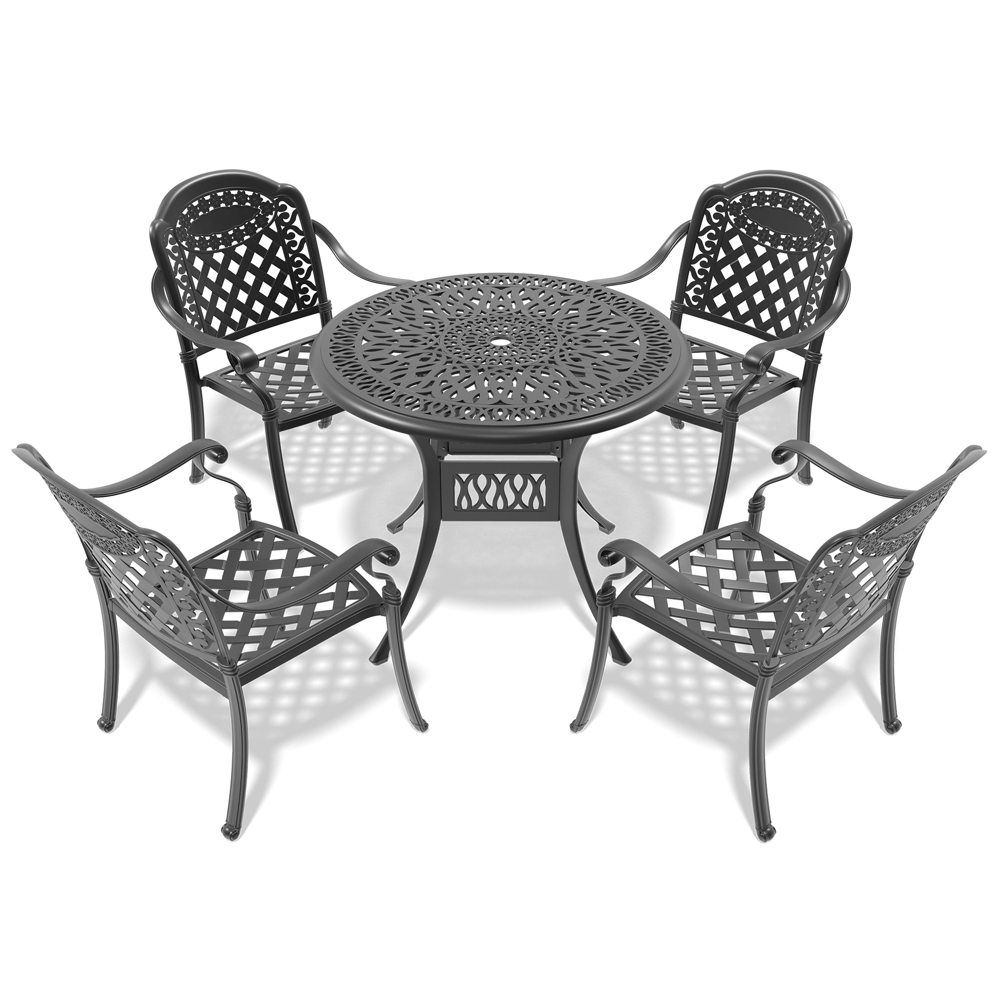 Dark gray ornate cast aluminum patio dining set with four chairs and a round table