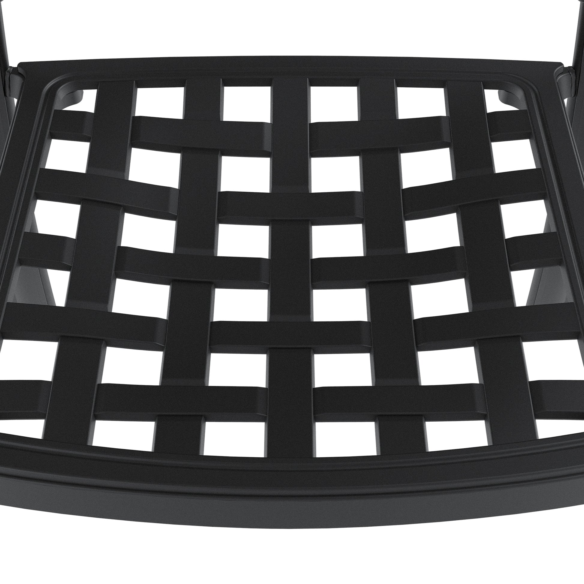 Black woven outdoor patio chair seat with detailed texture and open weave design