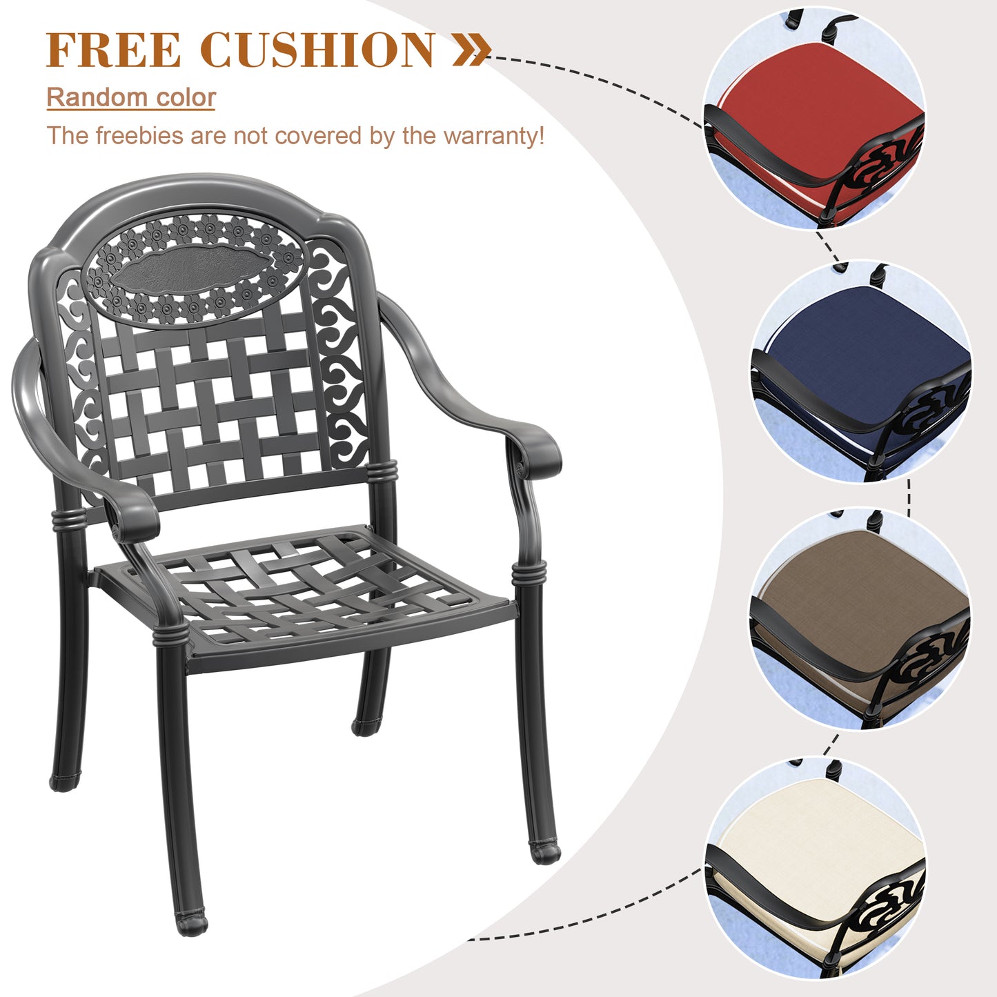 Dark gray ornate cast aluminum patio chair with woven seat and backrest