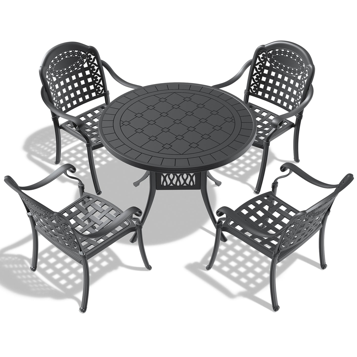 Dark grey metal patio dining set with round table and four chairs