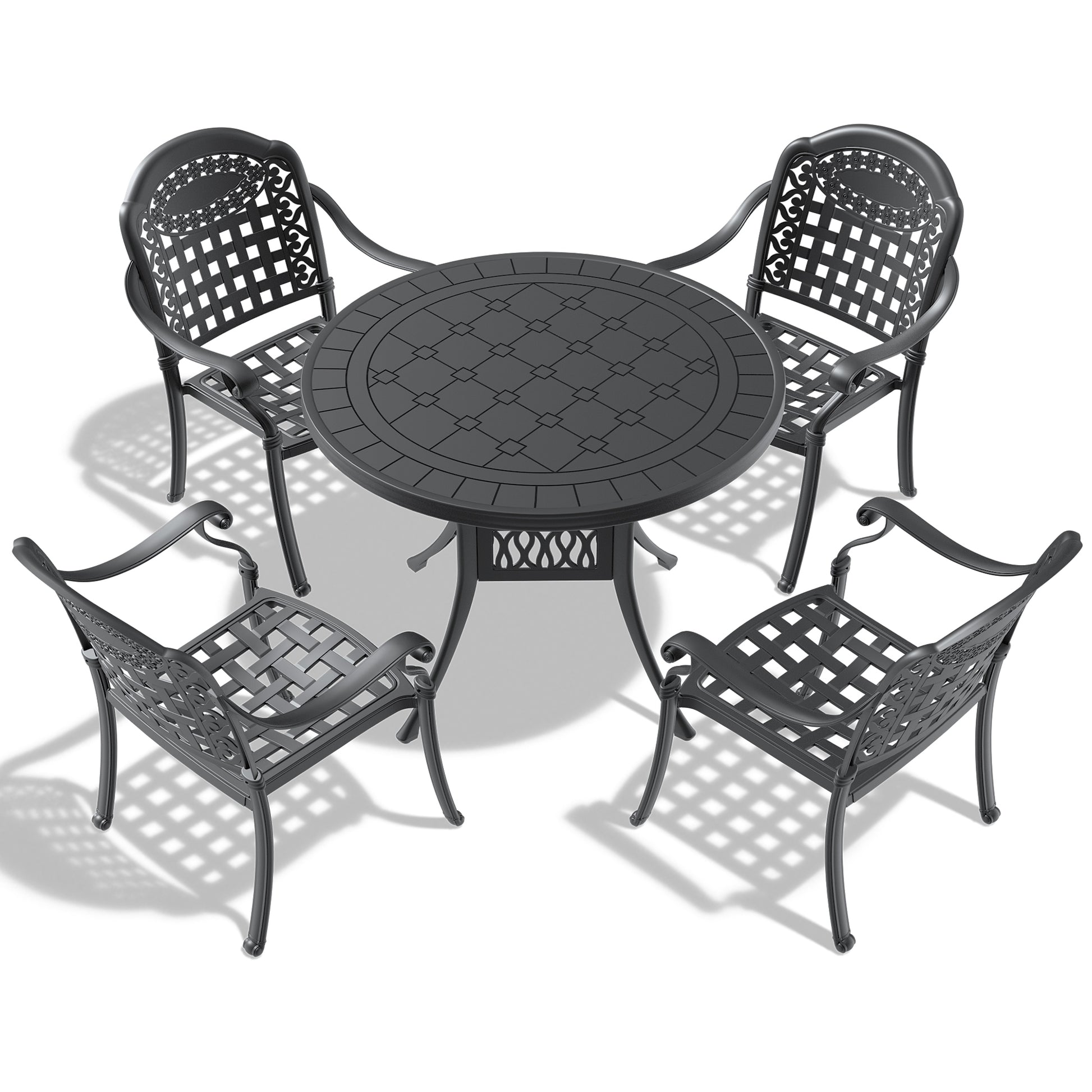 Dark grey metal patio dining set with round table and four chairs