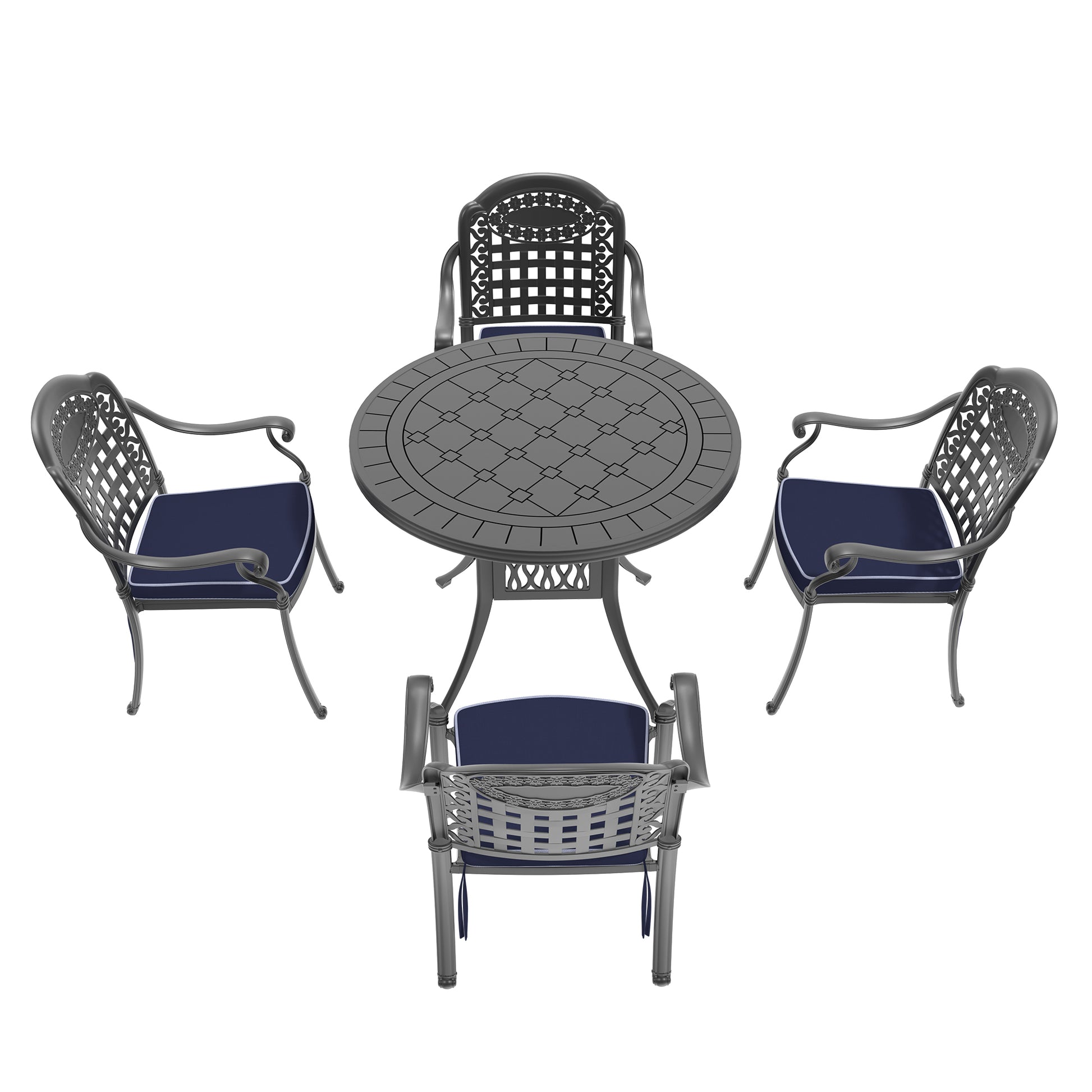Ornate grey metal patio dining set with navy cushions includes round table and four chairs