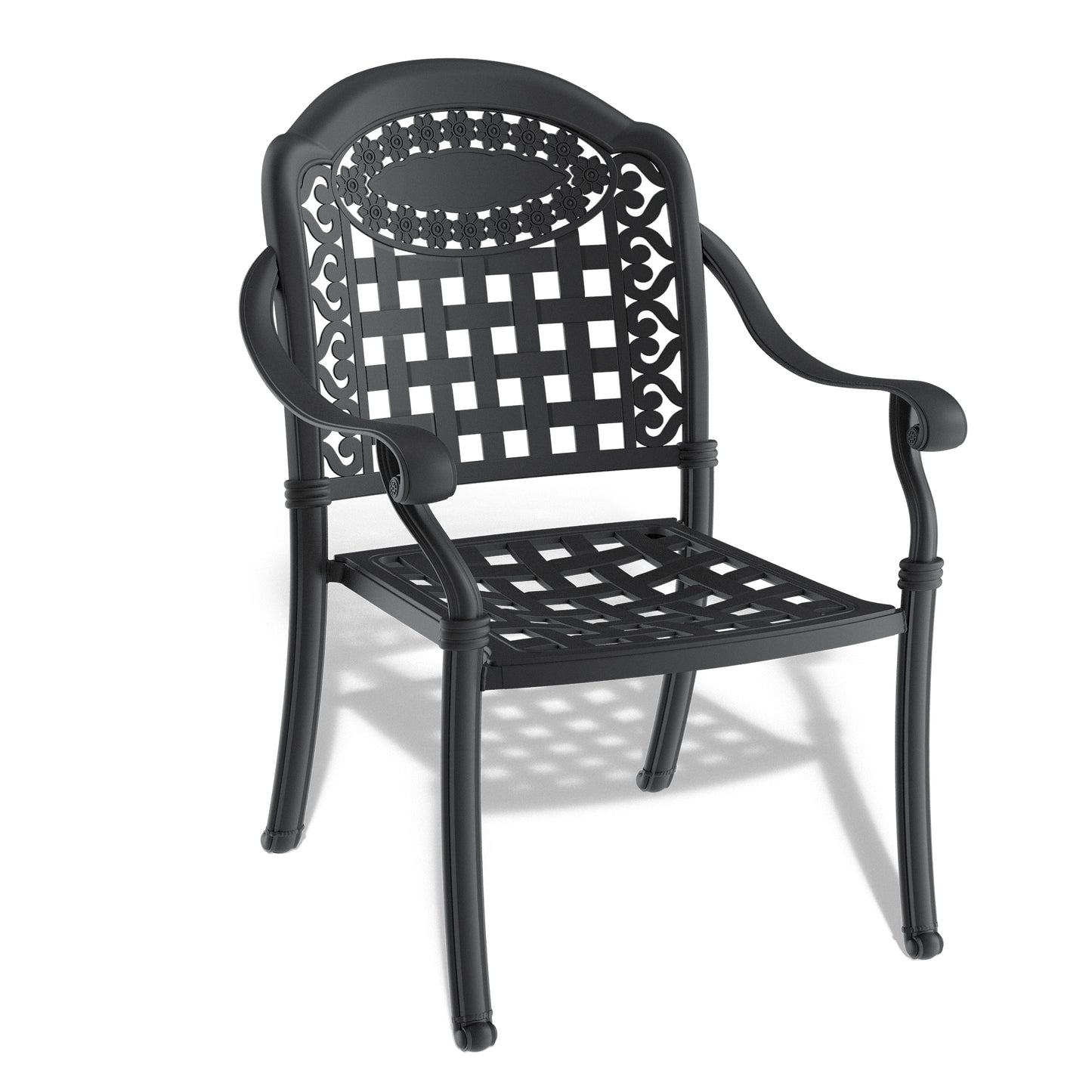 Black cast aluminum patio chair with ornate scrollwork and lattice seat