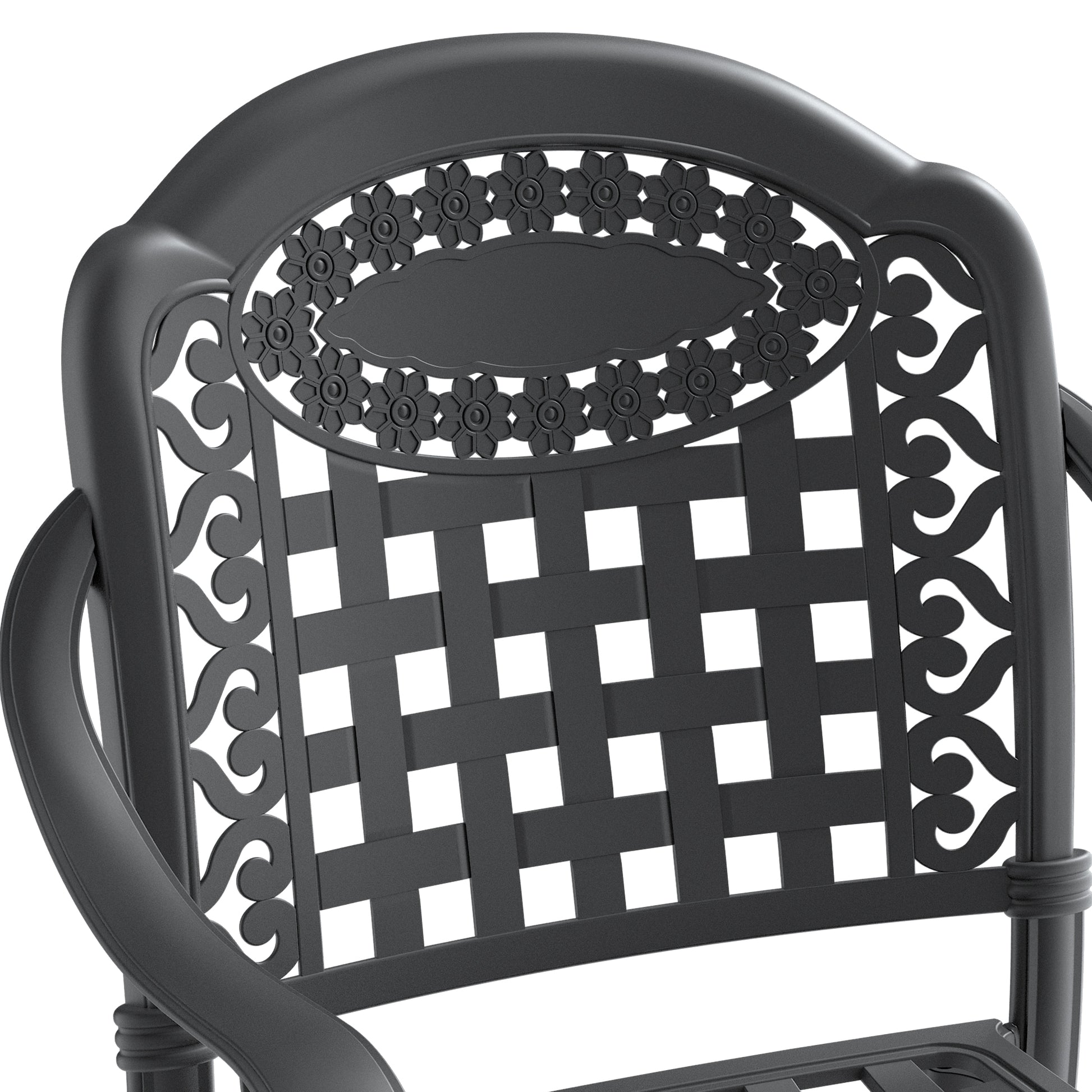 Black cast iron patio chair with intricate floral backrest design