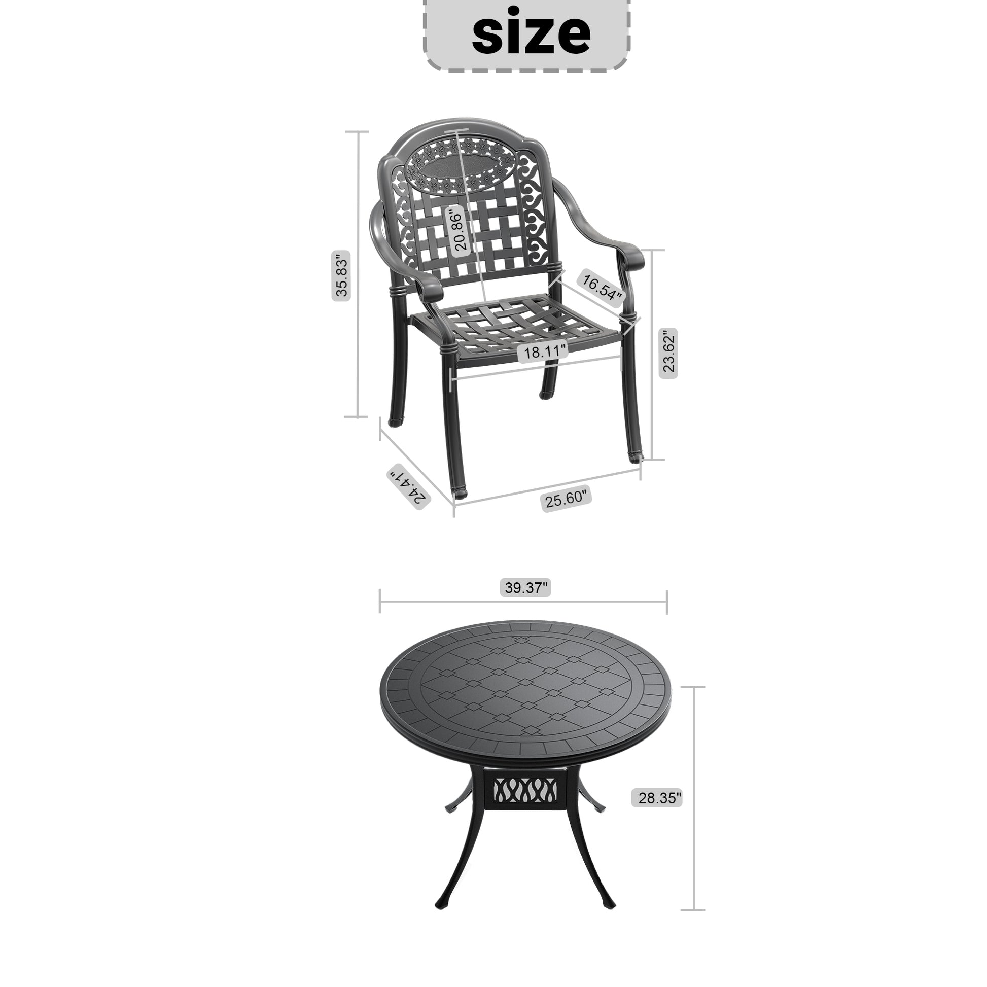 Black ornate cast aluminum patio chair with woven seat design dimensions shown