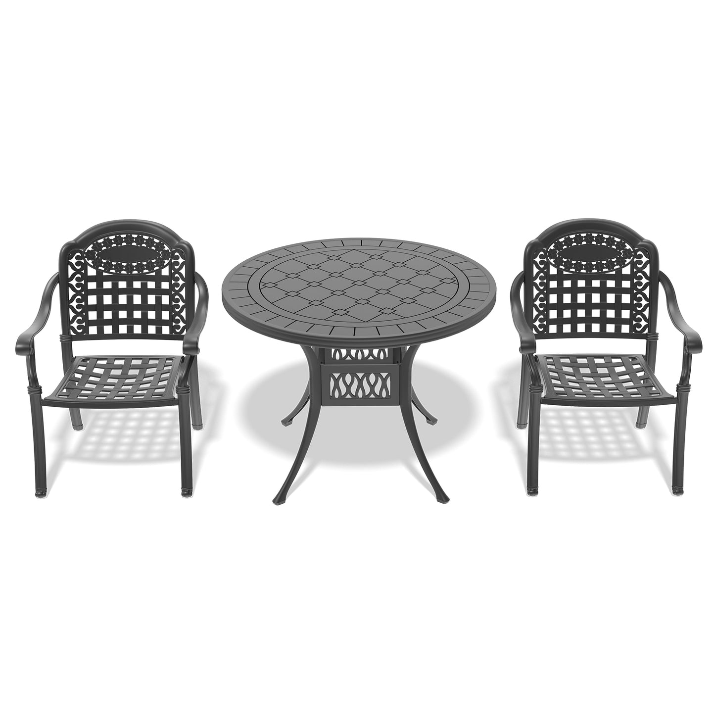 Dark gray cast aluminum patio bistro set with decorative lattice chairs