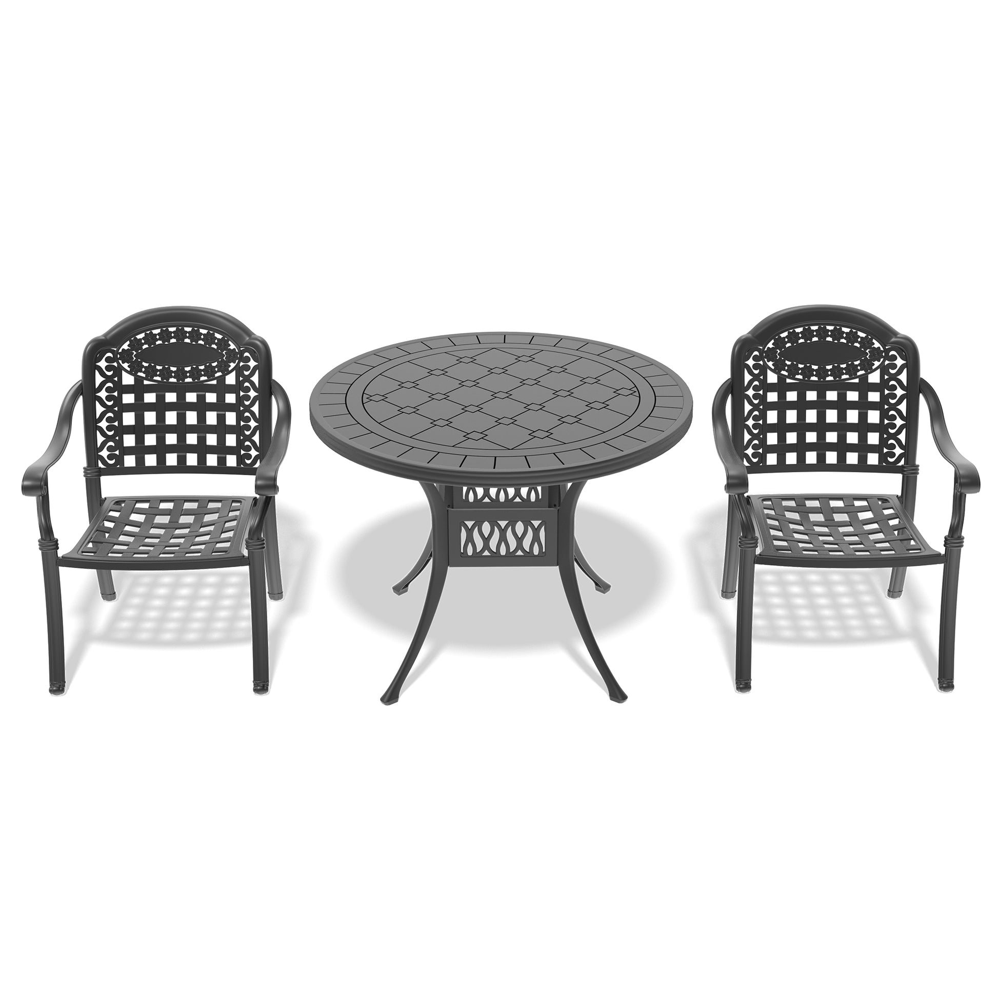 Dark gray cast aluminum patio bistro set with decorative lattice chairs