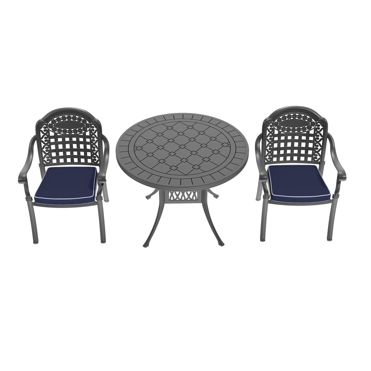 Dark gray cast aluminum bistro set with two chairs and a round table