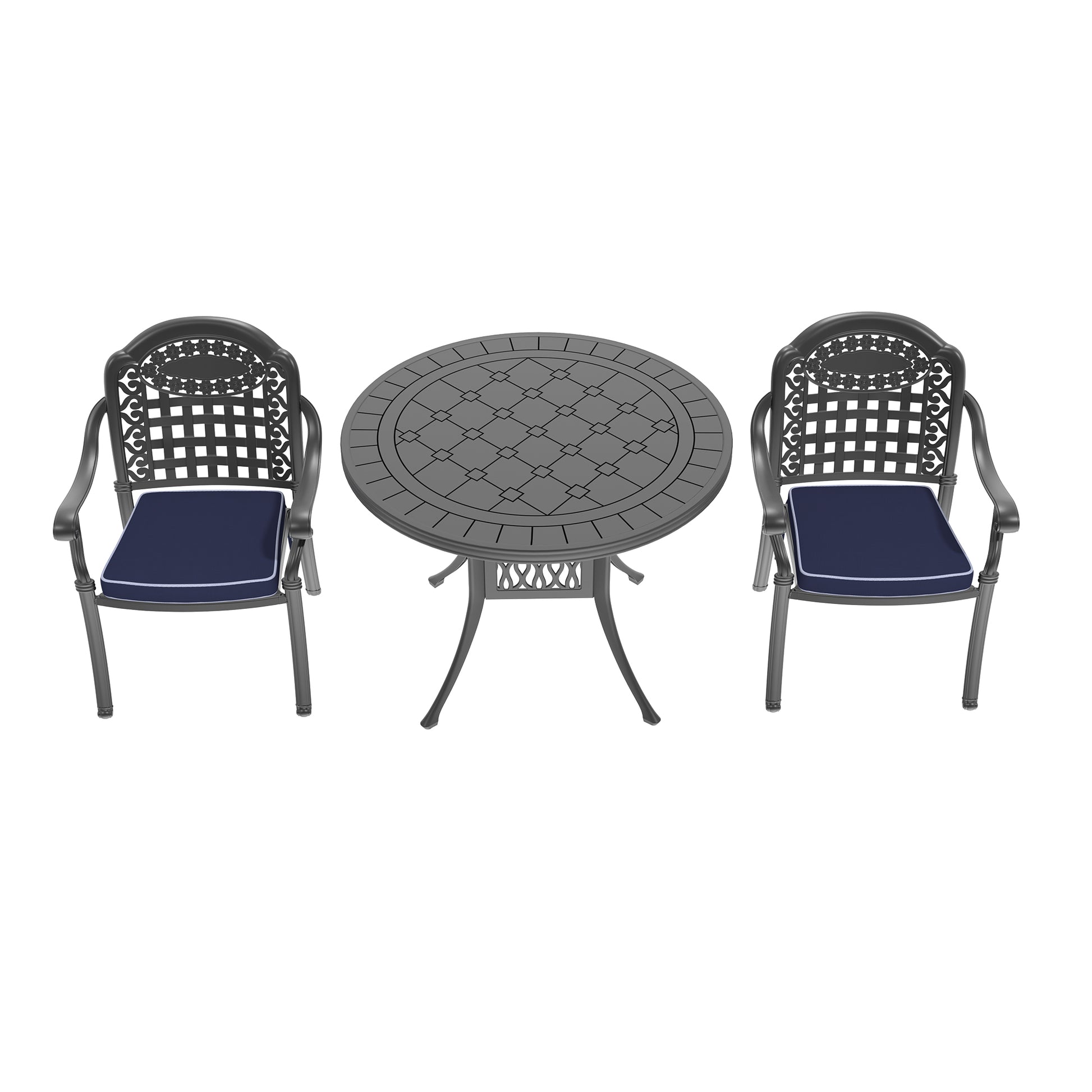 Dark gray cast aluminum bistro set with two chairs and a round table