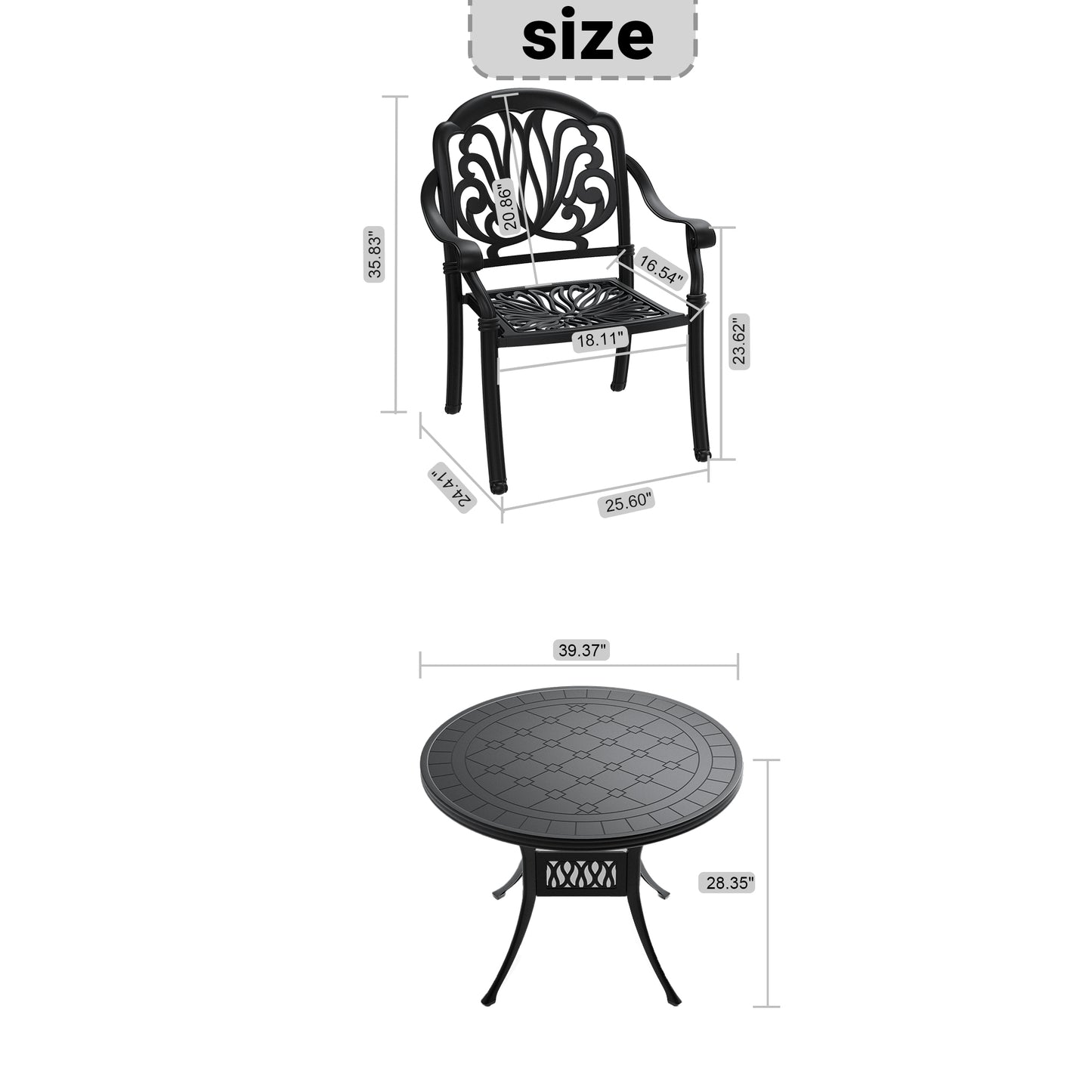 Black cast aluminum outdoor patio chair with ornate backrest