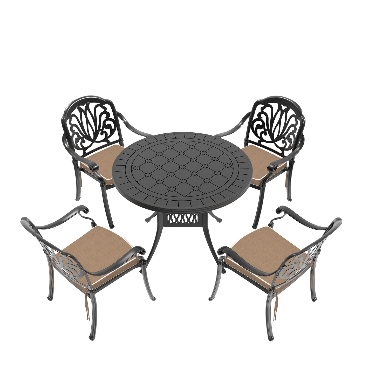 Ornate black metal patio dining set with four chairs and a round table