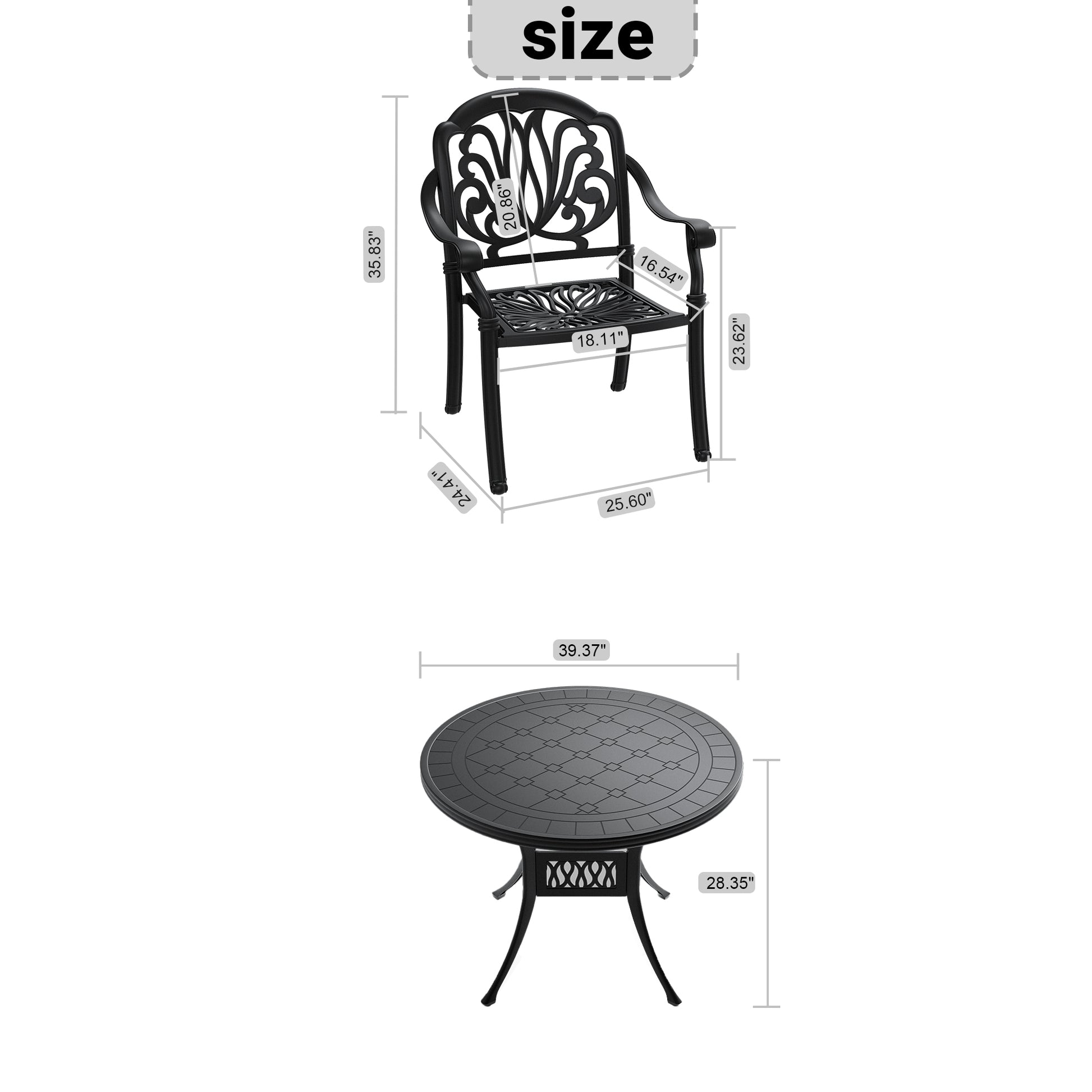 Black cast aluminum patio chair with ornate scrollwork back and detailed seat