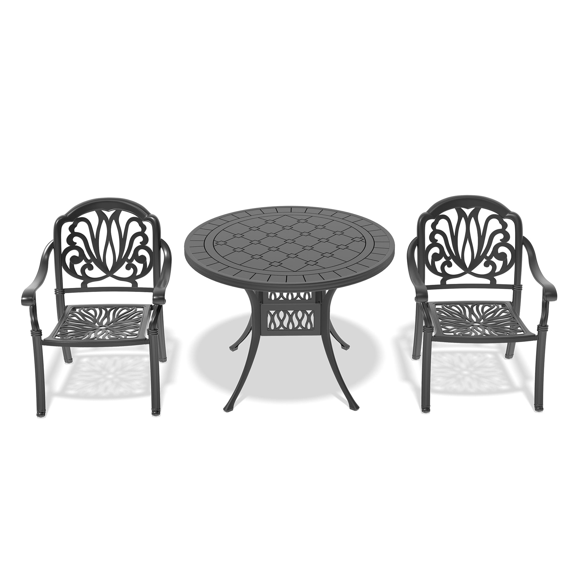 Black cast iron patio bistro set with ornate filigree chairs and a patterned tabletop