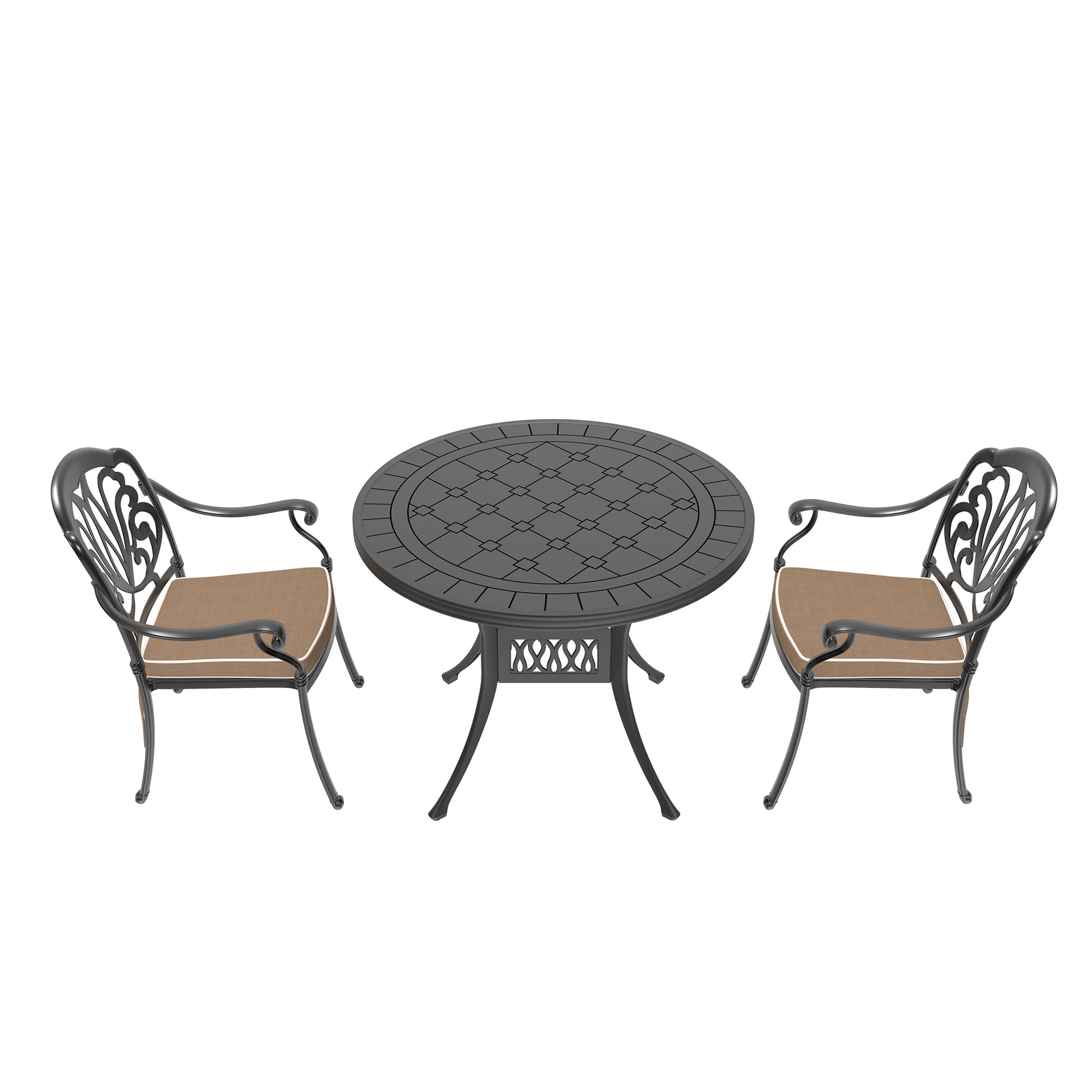 Black cast aluminum outdoor dining set with two chairs and a round table