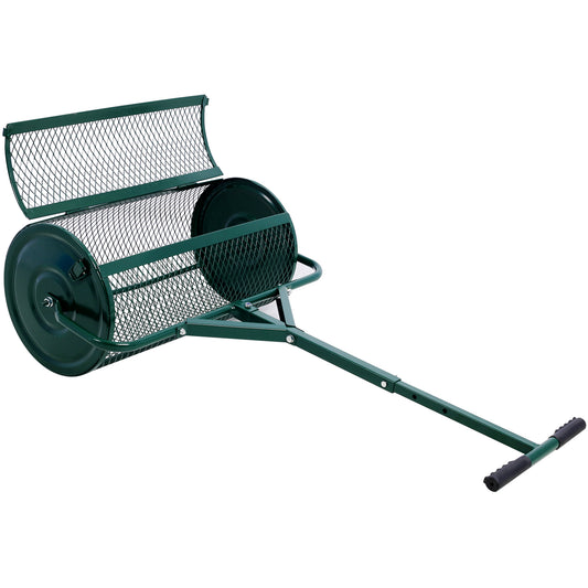 Green metal lawn roller with mesh cage and handle for soil compaction