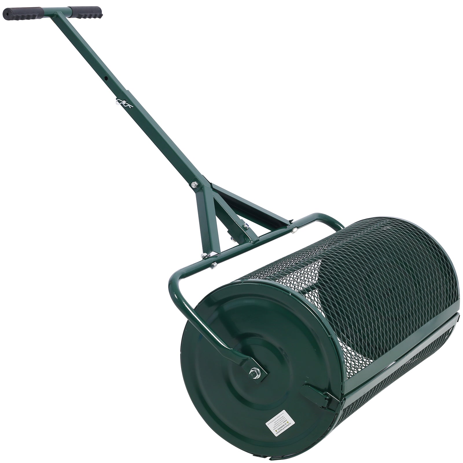 Green metal garden lawn roller with ergonomic handles and mesh drum for soil compaction