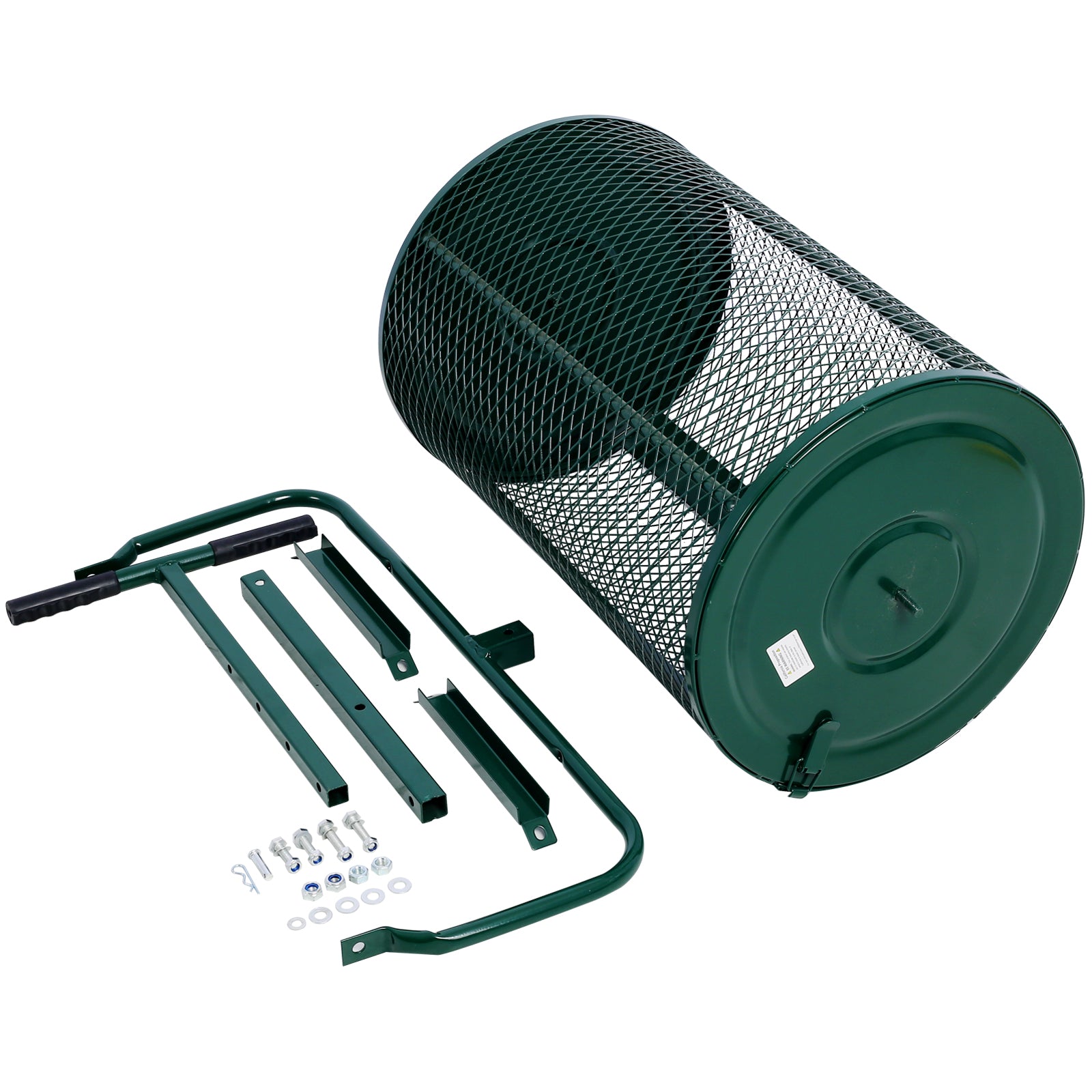 Green wire mesh garbage can with handle and assembly hardware