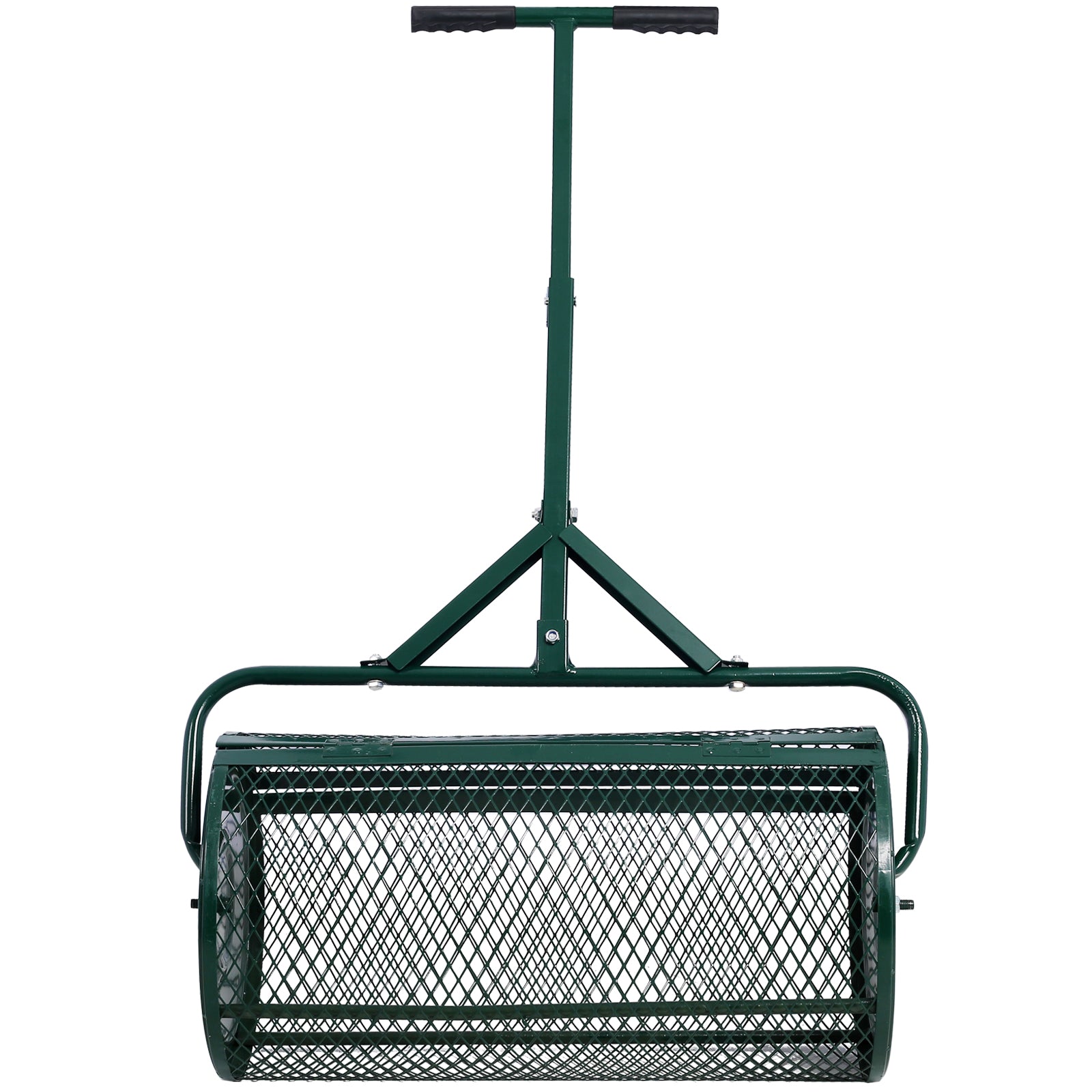 Green metal lawn roller with thandle for easy grass care and yard maintenance
