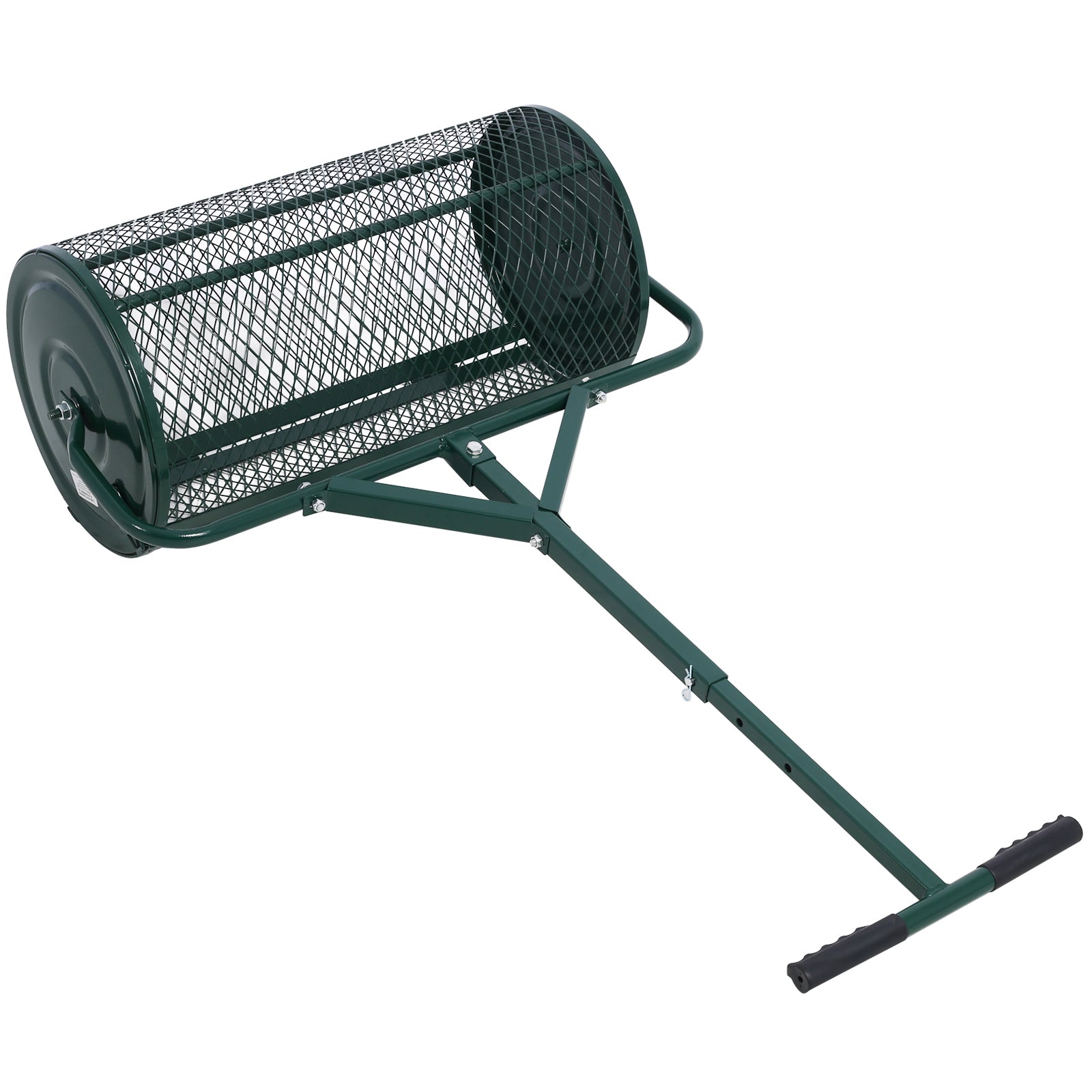 Green metal lawn roller with adjustable handle and mesh basket for soil aeration
