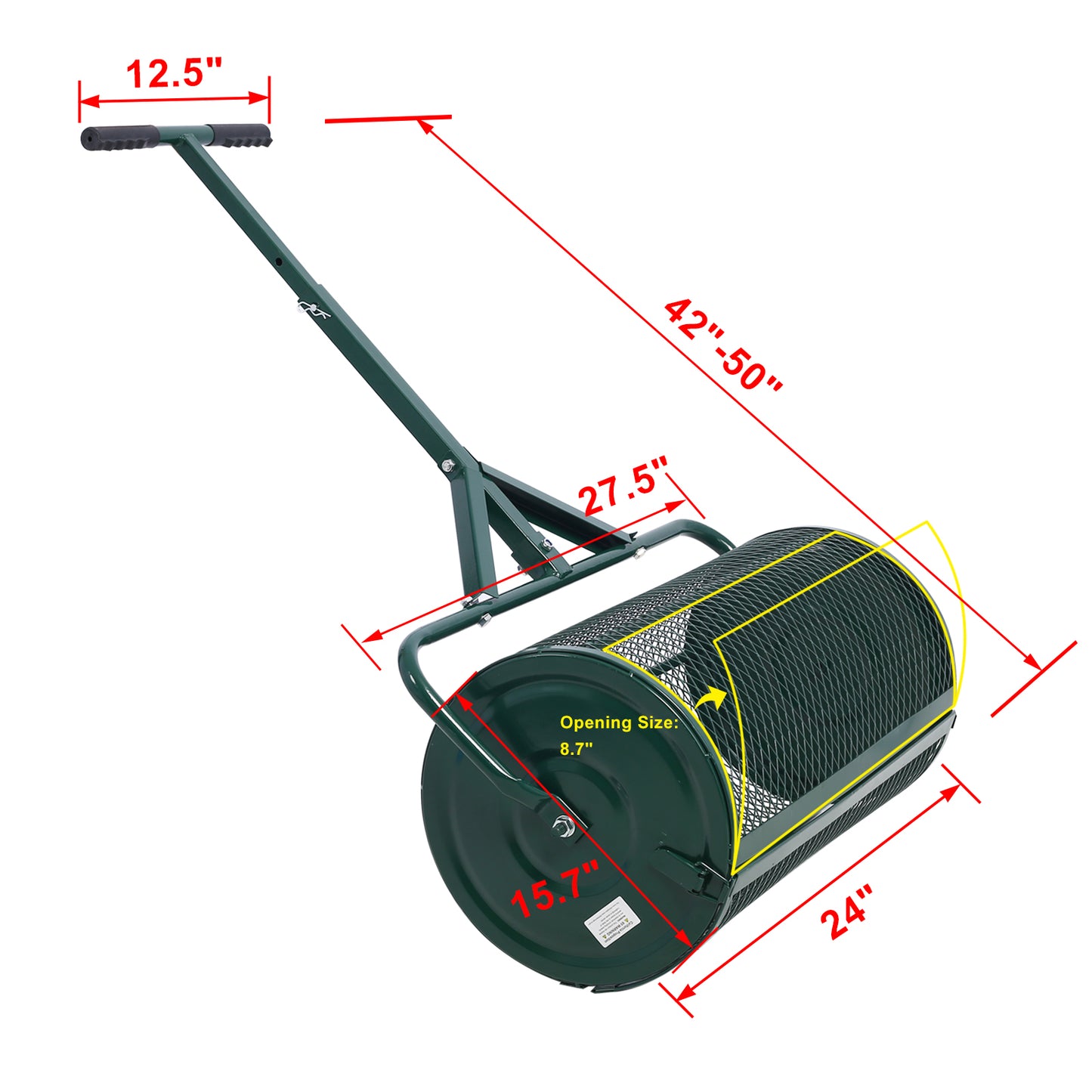 Green lawn aerator roller with adjustable handle and inch width for yard care