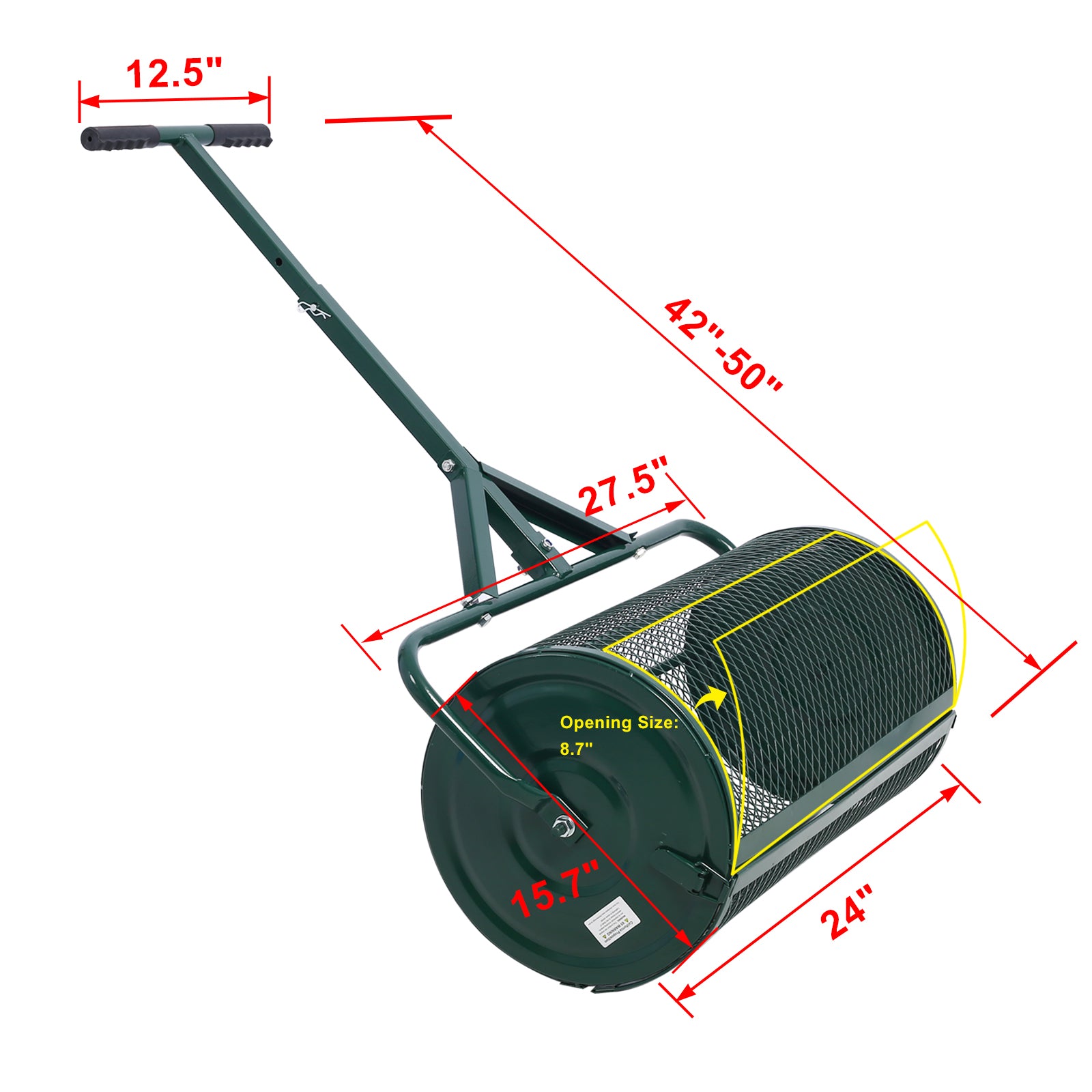 Green lawn aerator roller with adjustable handle and inch width for yard care