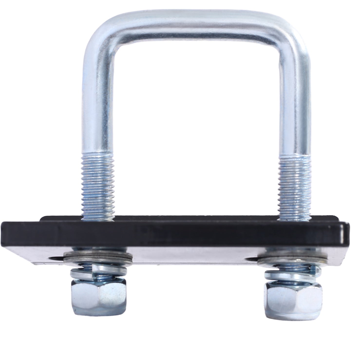 Ubolt with nuts and washers secures a black plate ideal for trailer hitch hardware