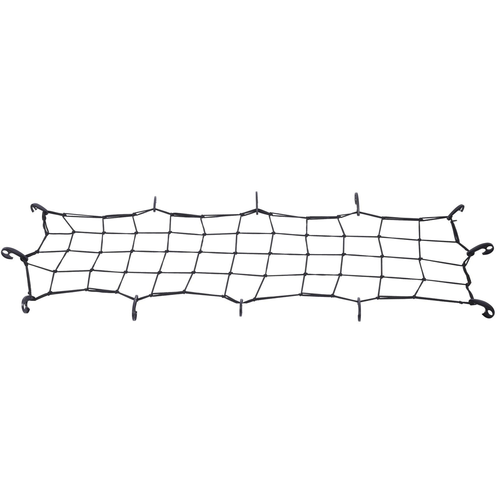 Black cargo net with adjustable straps and hooks for securing items
