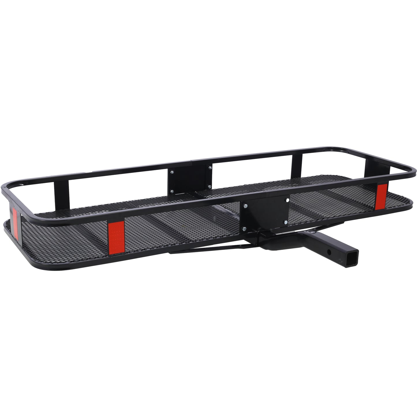 Black steel hitch cargo carrier with mesh platform and safety reflectors