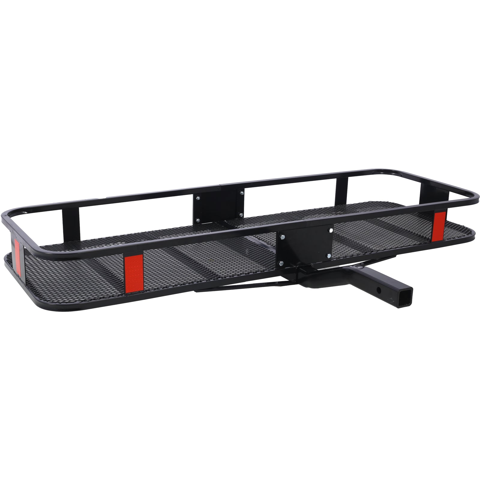 Black steel hitch cargo carrier with mesh platform and safety reflectors