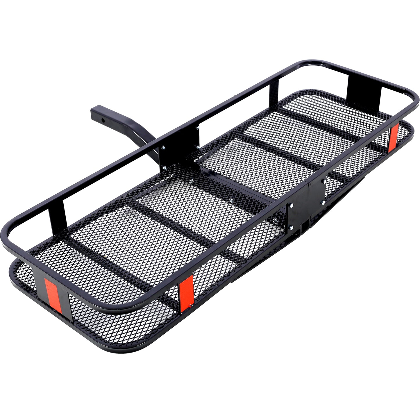 Black steel trailer hitch cargo carrier with diamond plate floor and safety reflectors