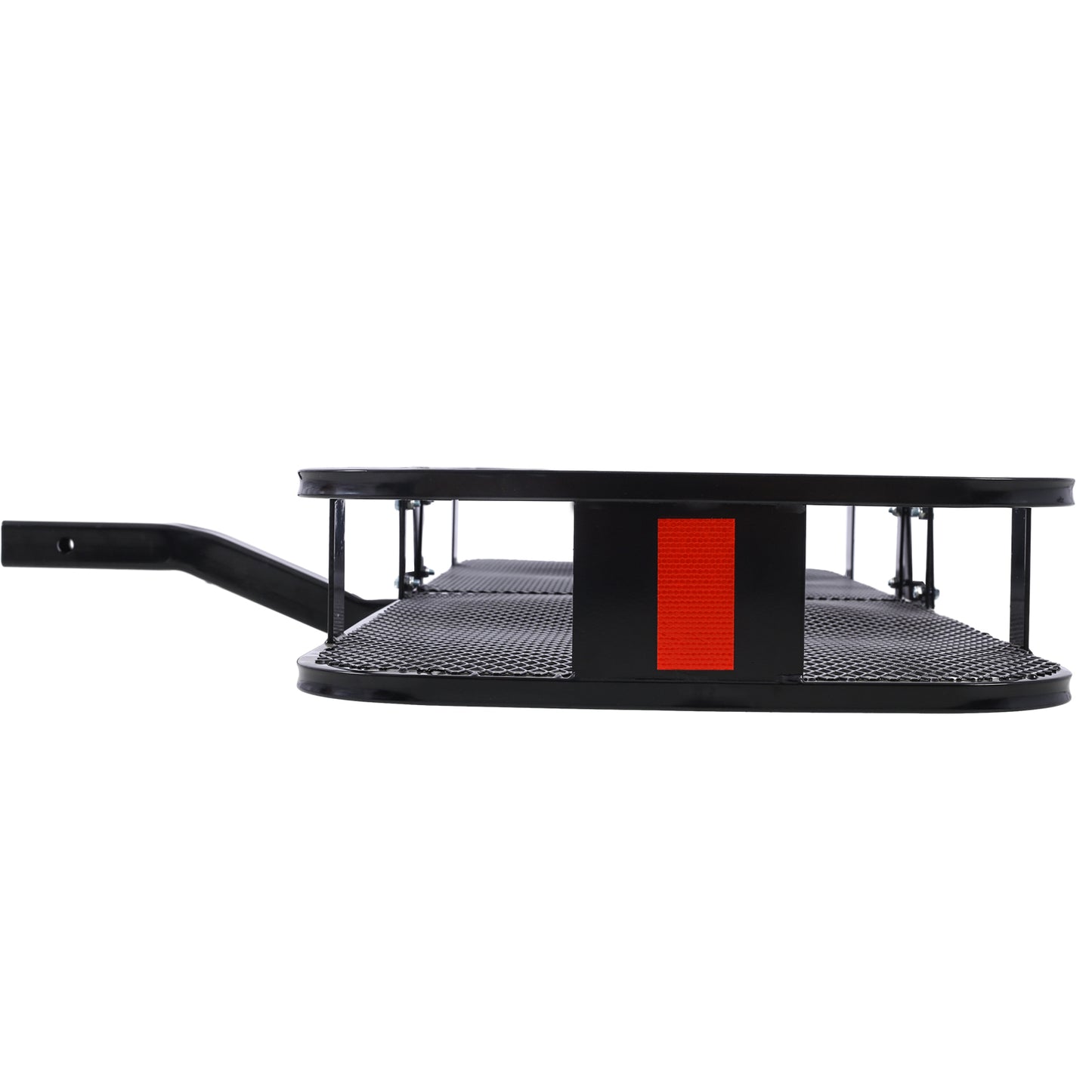 Black metal hitch step with textured platform and red reflector for easy vehicle access