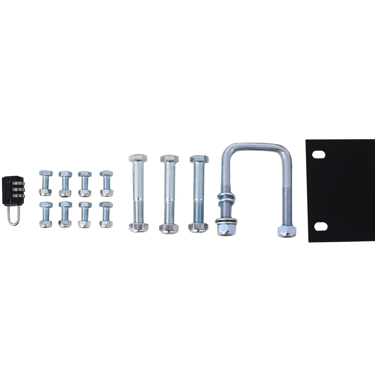 Set of assorted bolts nuts and black steel plate with padlock for secure trailer hitch use