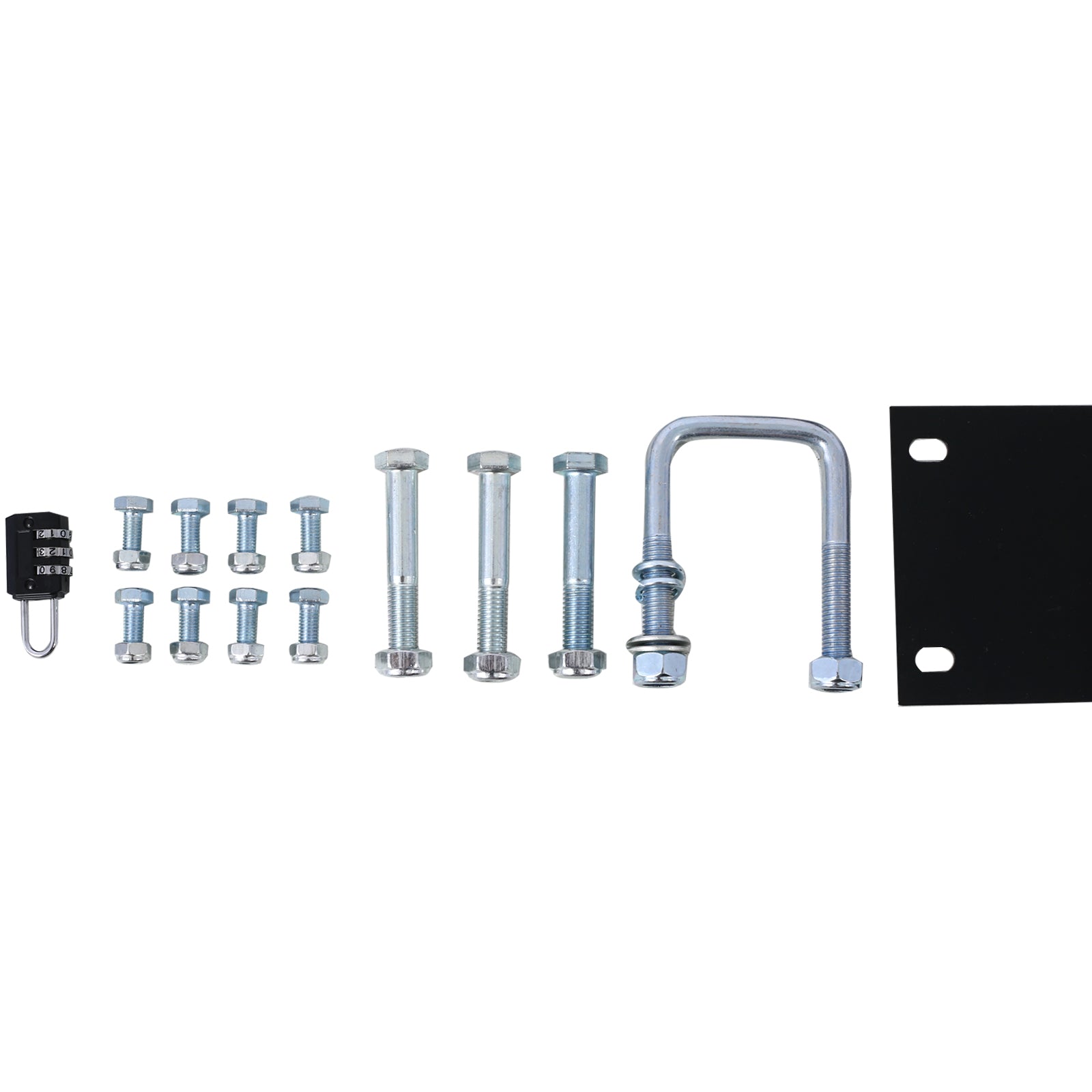 Set of assorted bolts nuts and black steel plate with padlock for secure trailer hitch use